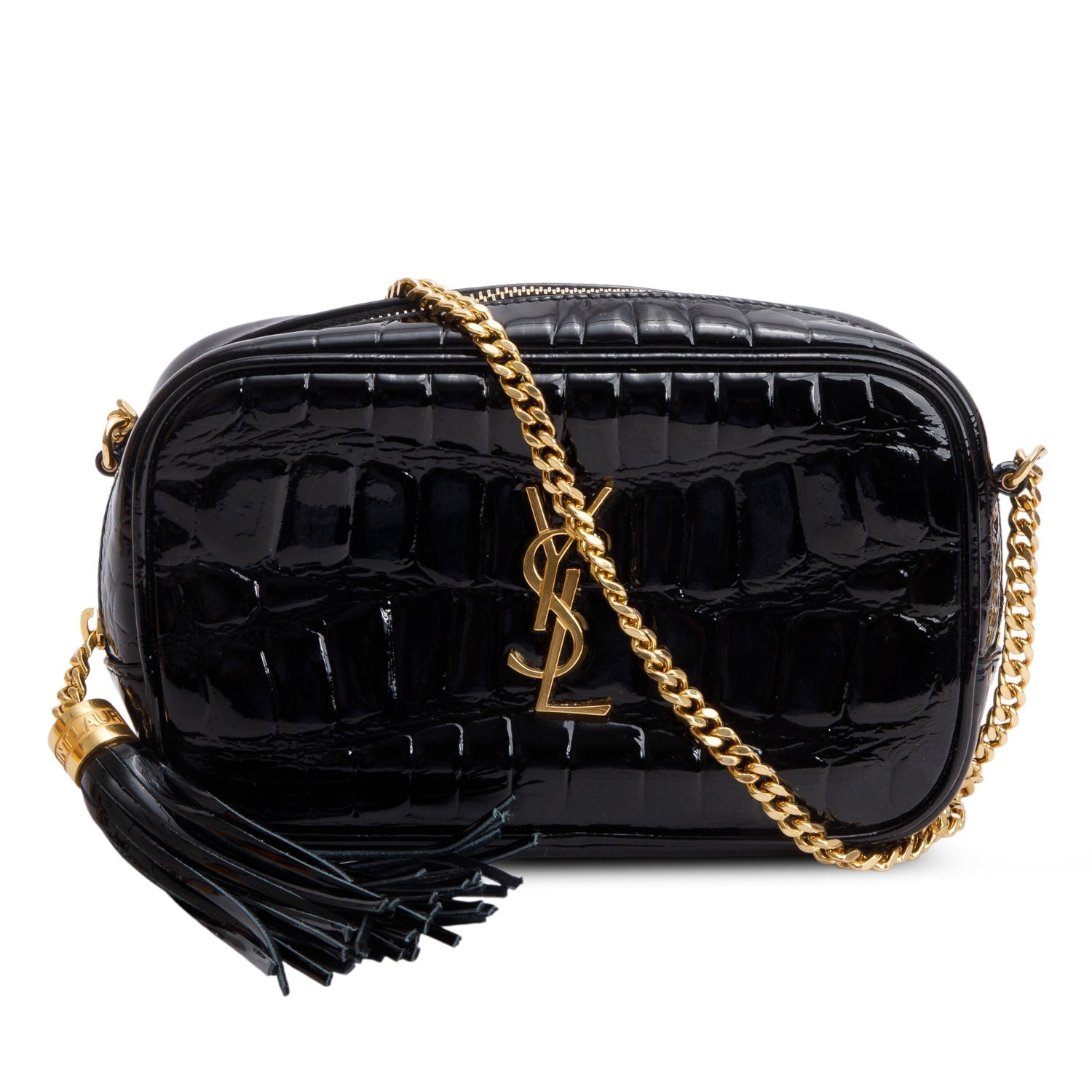 YSL Saint Laurent Croc Embossed Patent Lou Camera Bag Leather Black Crossbody Bag Box 69556