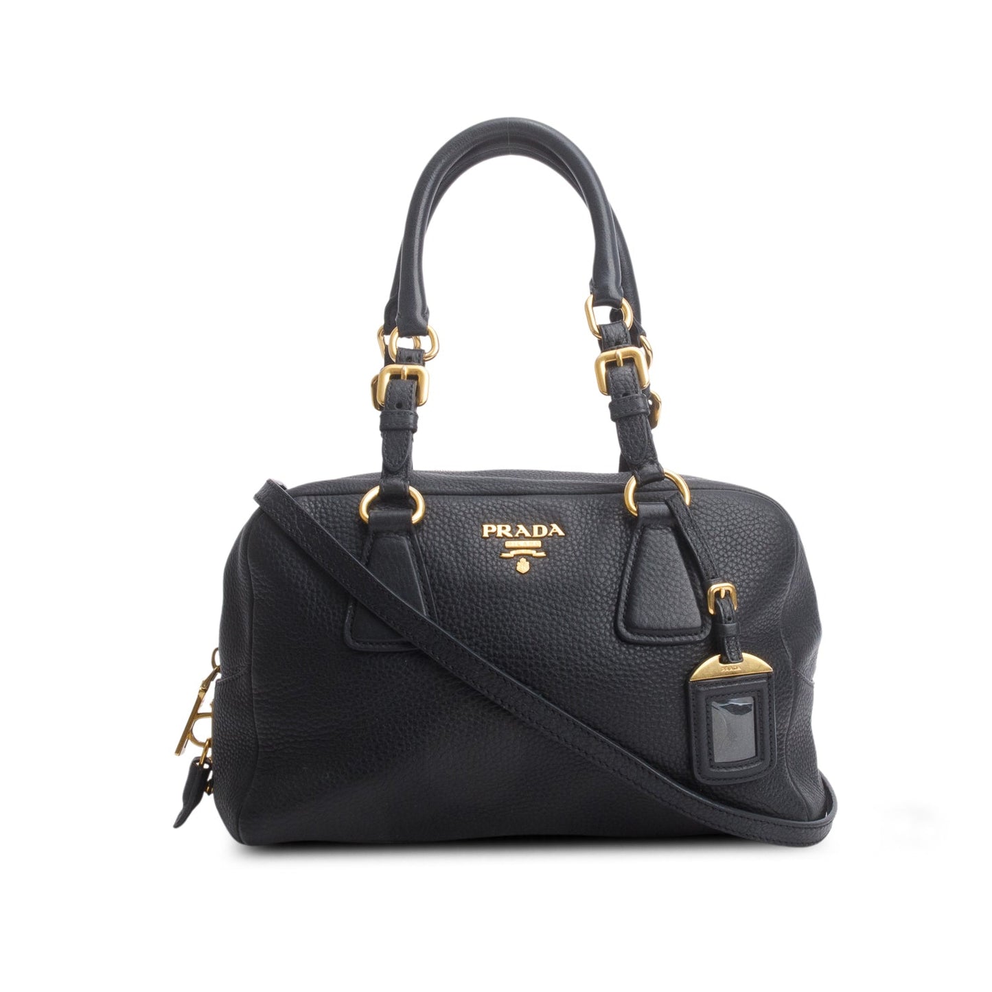 Prada Vitello Daino Convertible Bauletto Handbag Black Travel Bag