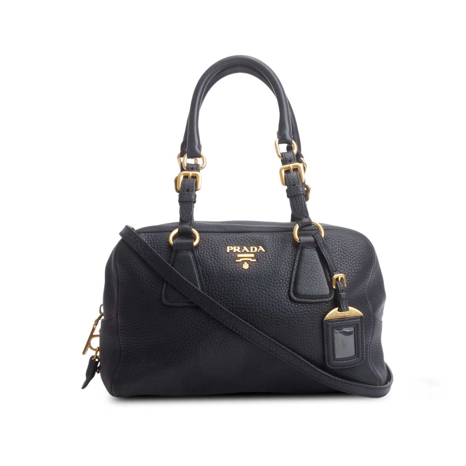Prada Vitello Daino Convertible Bauletto Handbag Black Travel Bag