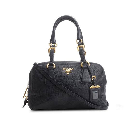 Prada Vitello Daino Convertible Bauletto Handbag Black Travel Bag