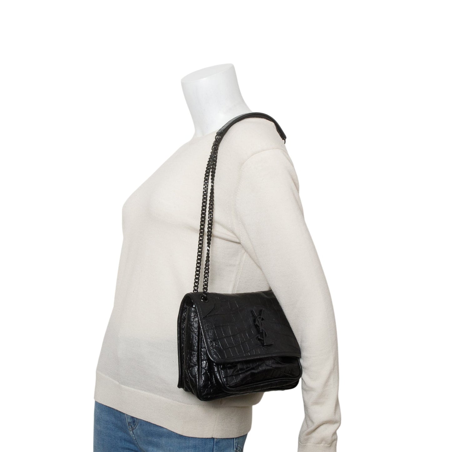 YSL Saint Laurent Croc Embossed Calfskin Baby Niki Shoulder Bag Leather Matelasse