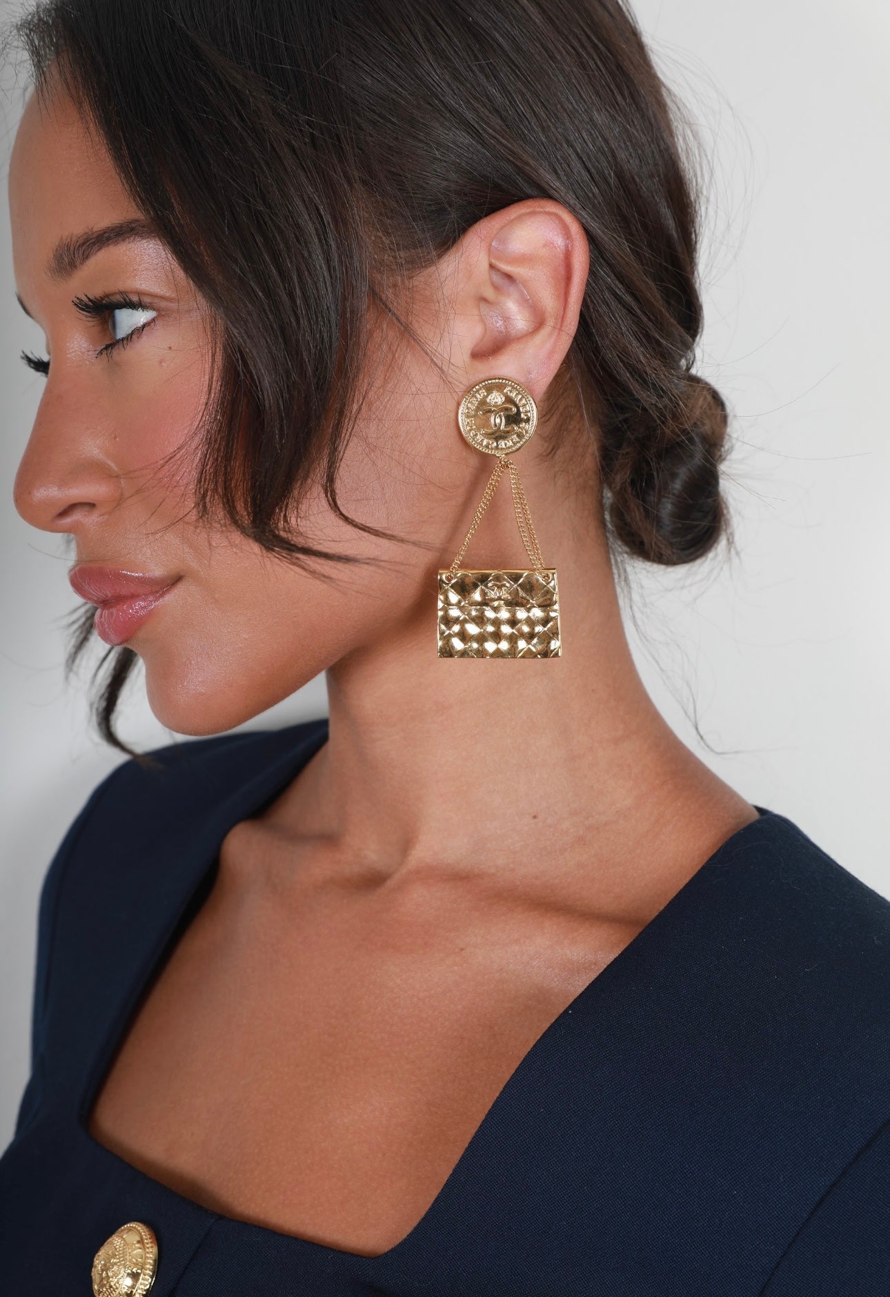 Chanel Gold Matelasse Bag And Cc Logo Coin Clip-On Earrings