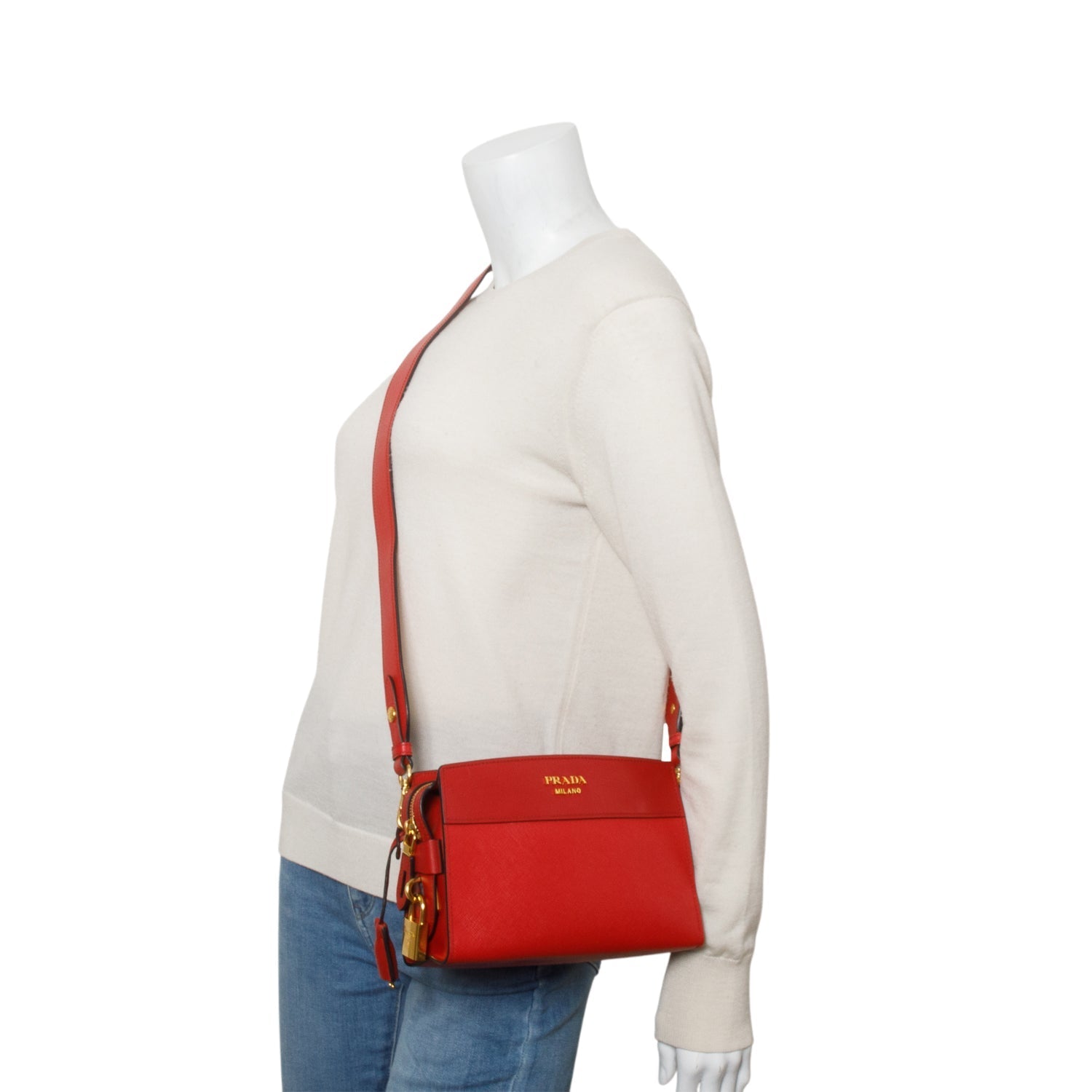 Prada Saffiano City Calfskin Esplanade Shoulder Bag Red Small