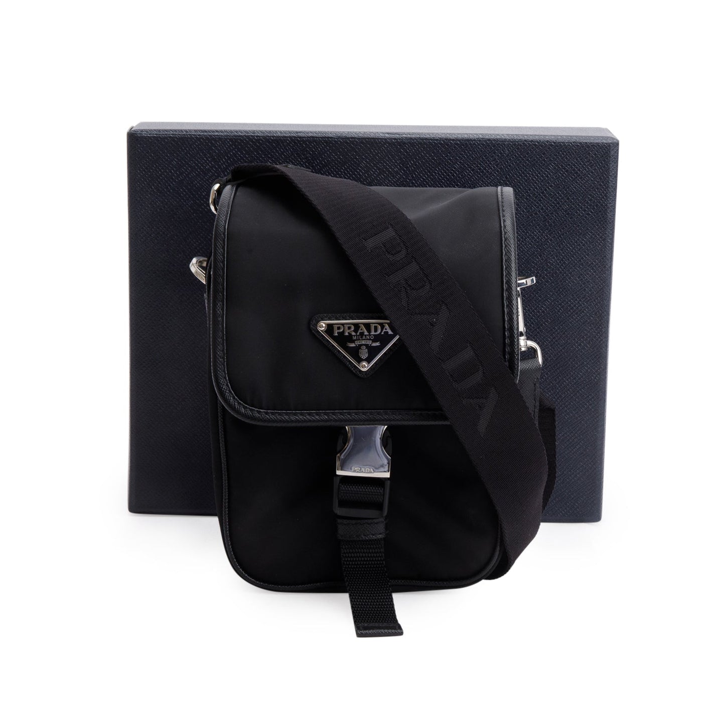 Prada Re Saffiano Pocket Single Snap Buckle Messenger Nylon Black Travel Bag