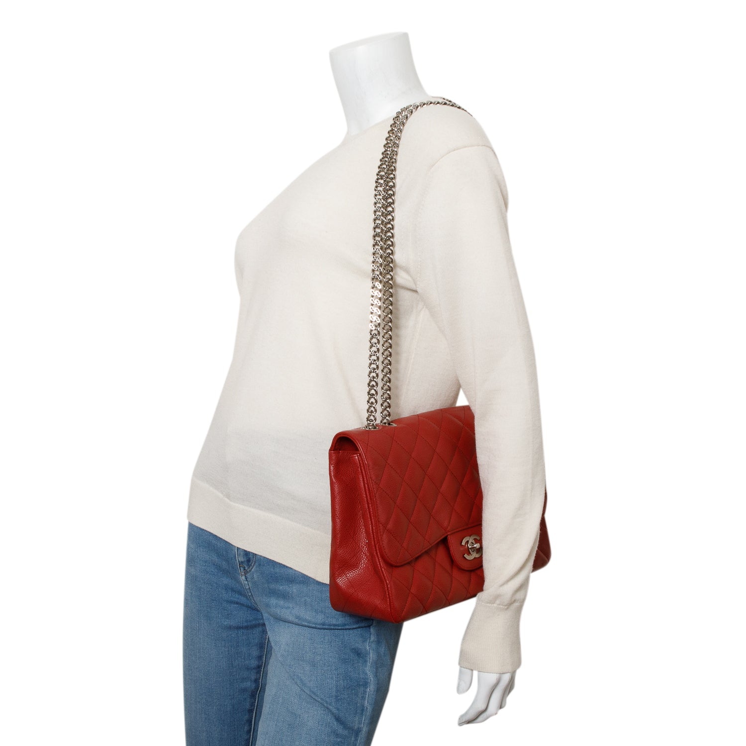Chanel Caviar Classic Jumbo Single Flap Red Travel Bag 3