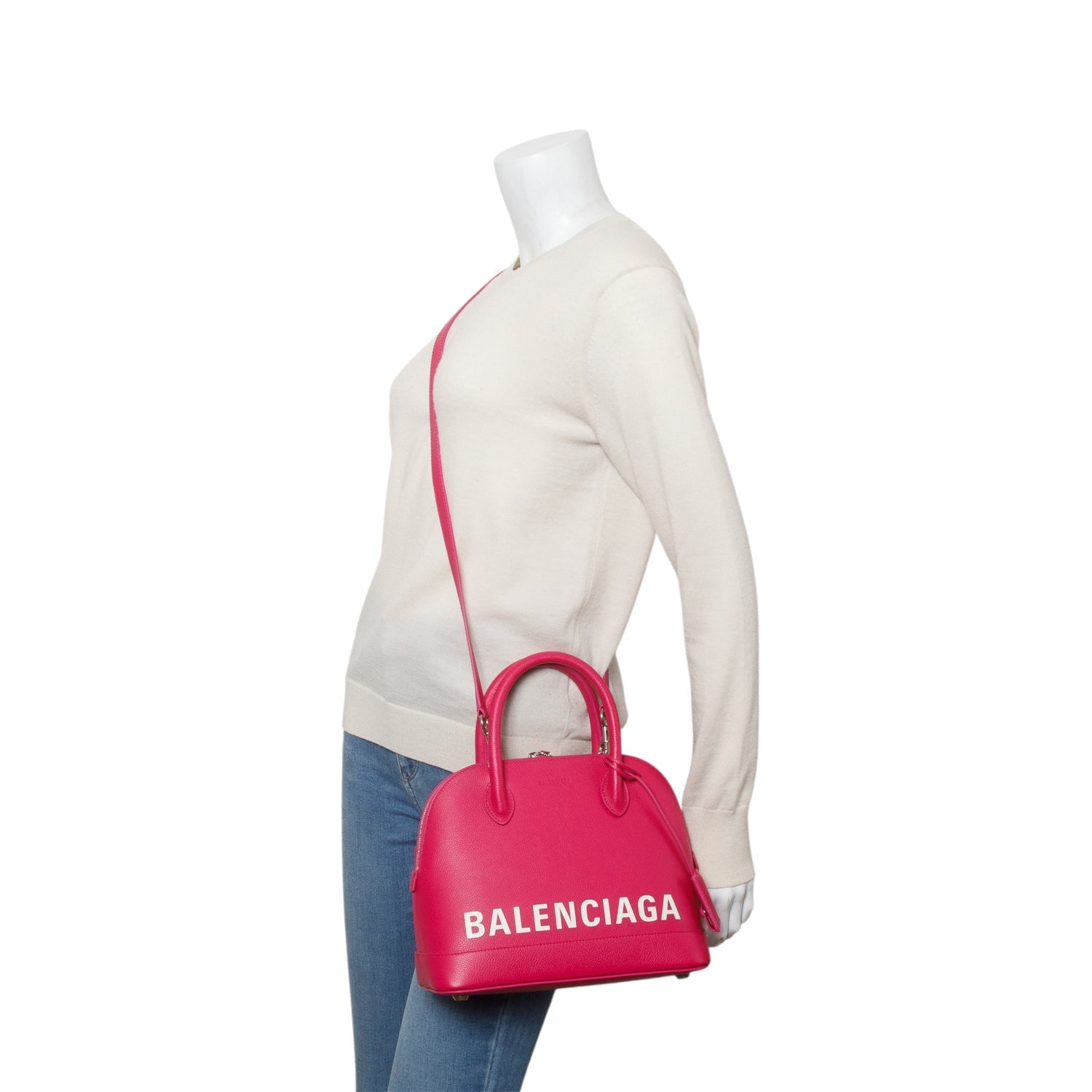 Balenciaga Signature Grained Calfskin Ville Top Handle Bag Pink Logo Travel Bag