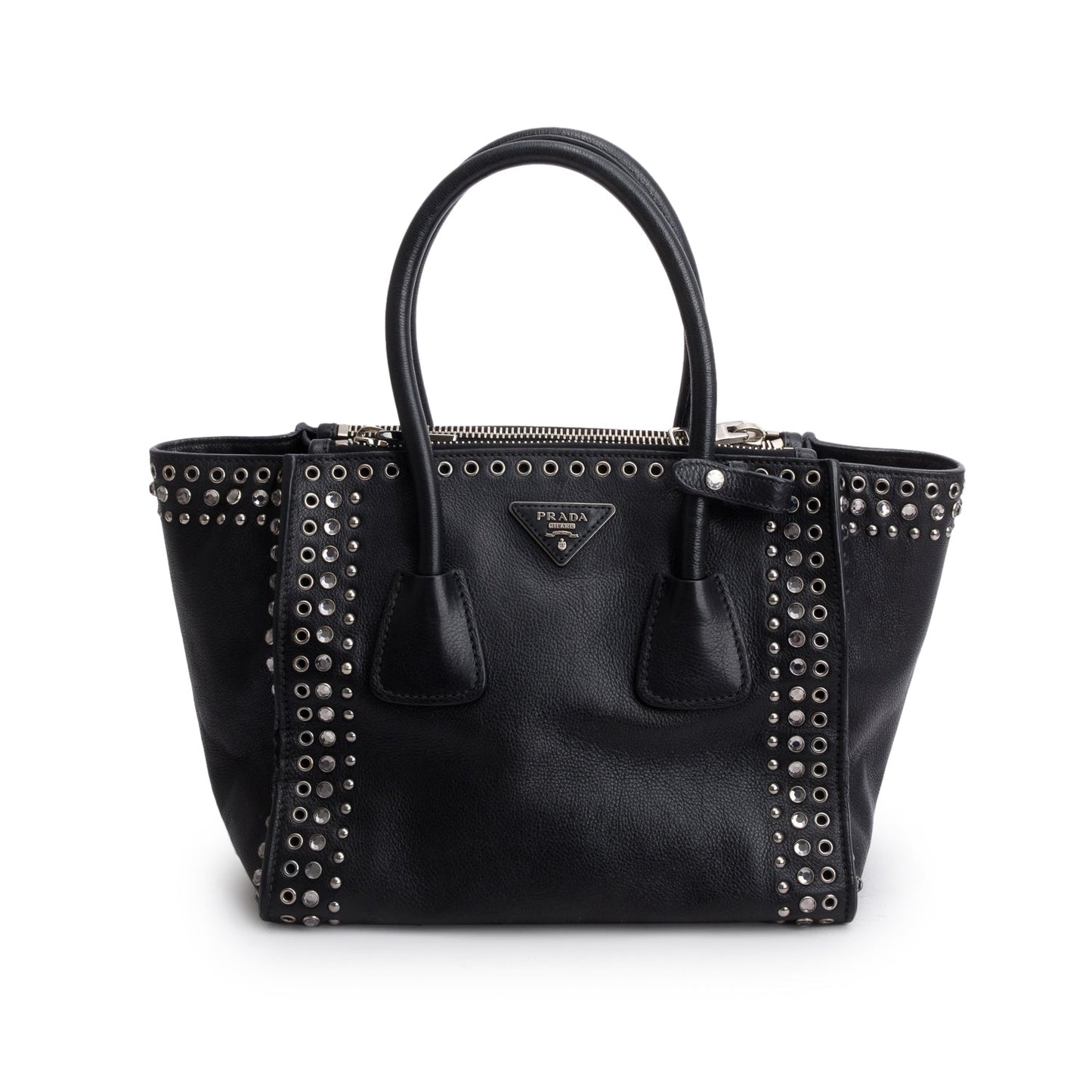 Prada Glace Calf Studded Twin Pocket Tote Handbag Black Tote Bag