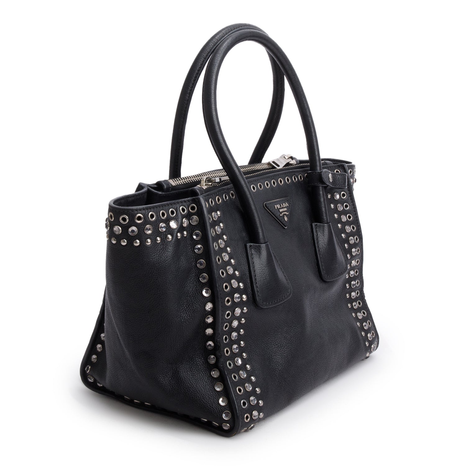 Prada Glace Calf Studded Twin Pocket Tote Handbag Black Tote Bag