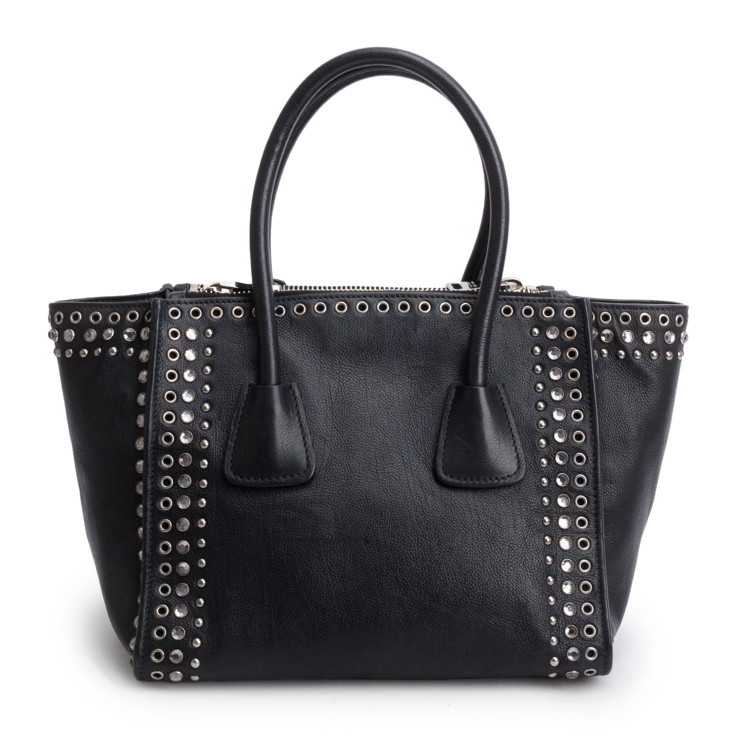 Prada Glace Calf Studded Twin Pocket Tote Handbag Black Tote Bag