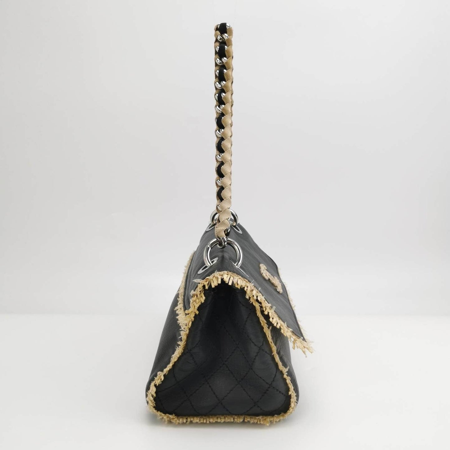 Chanel Classic Flap Straw Black Leather Shoulder Bag