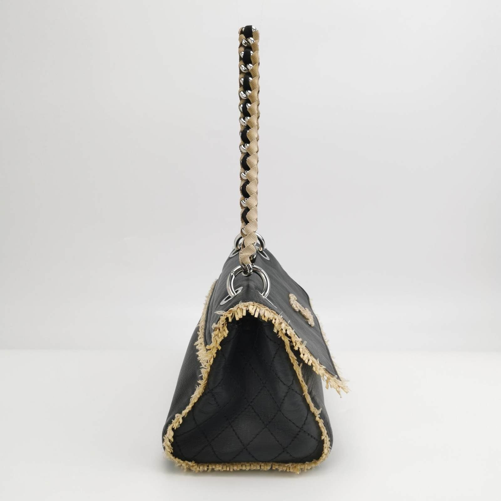Chanel Classic Flap Straw Black Leather Shoulder Bag