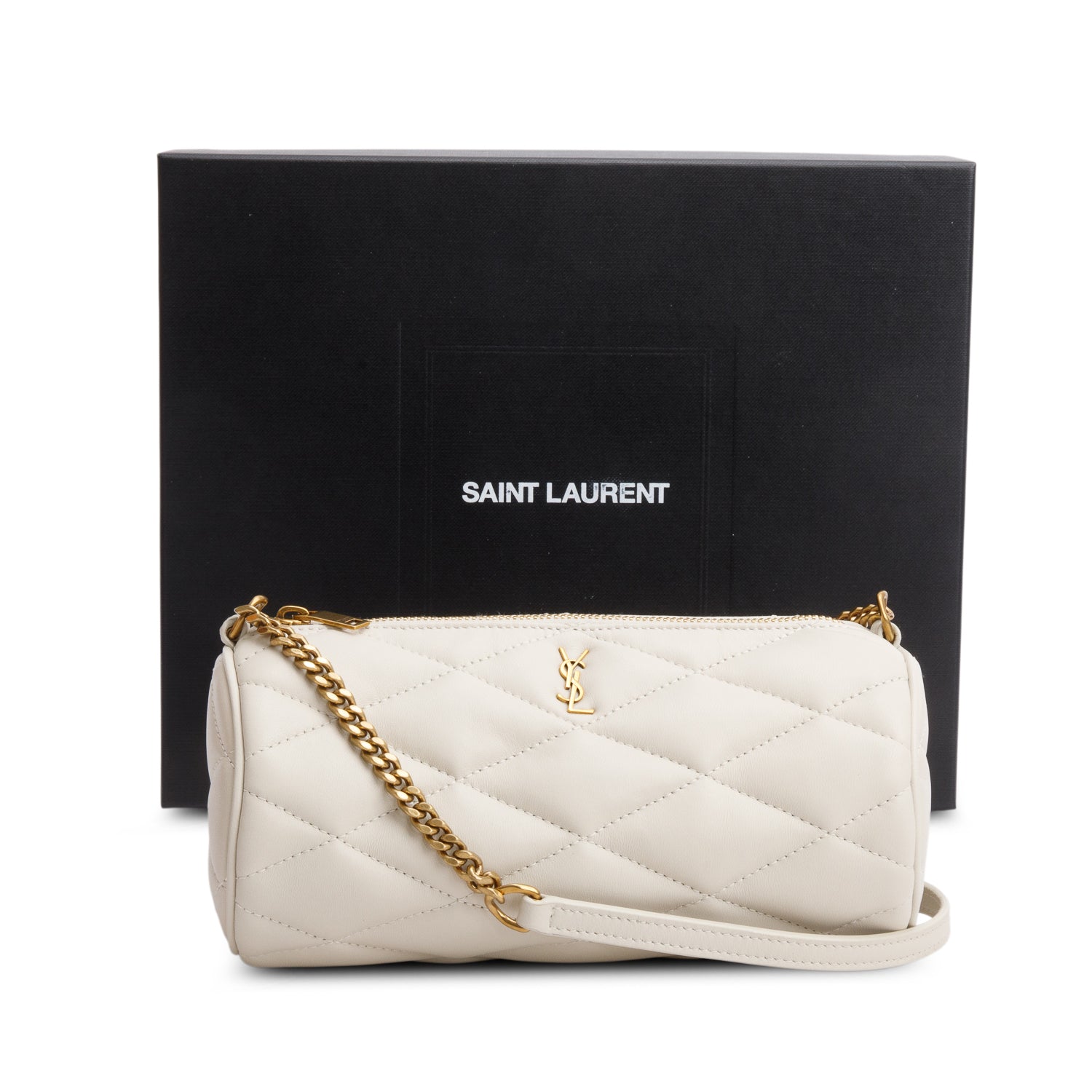 YSL Saint Laurent Ivory Lambskin Sade Tube Bag Leather Quilted Travel Bag Box 69910