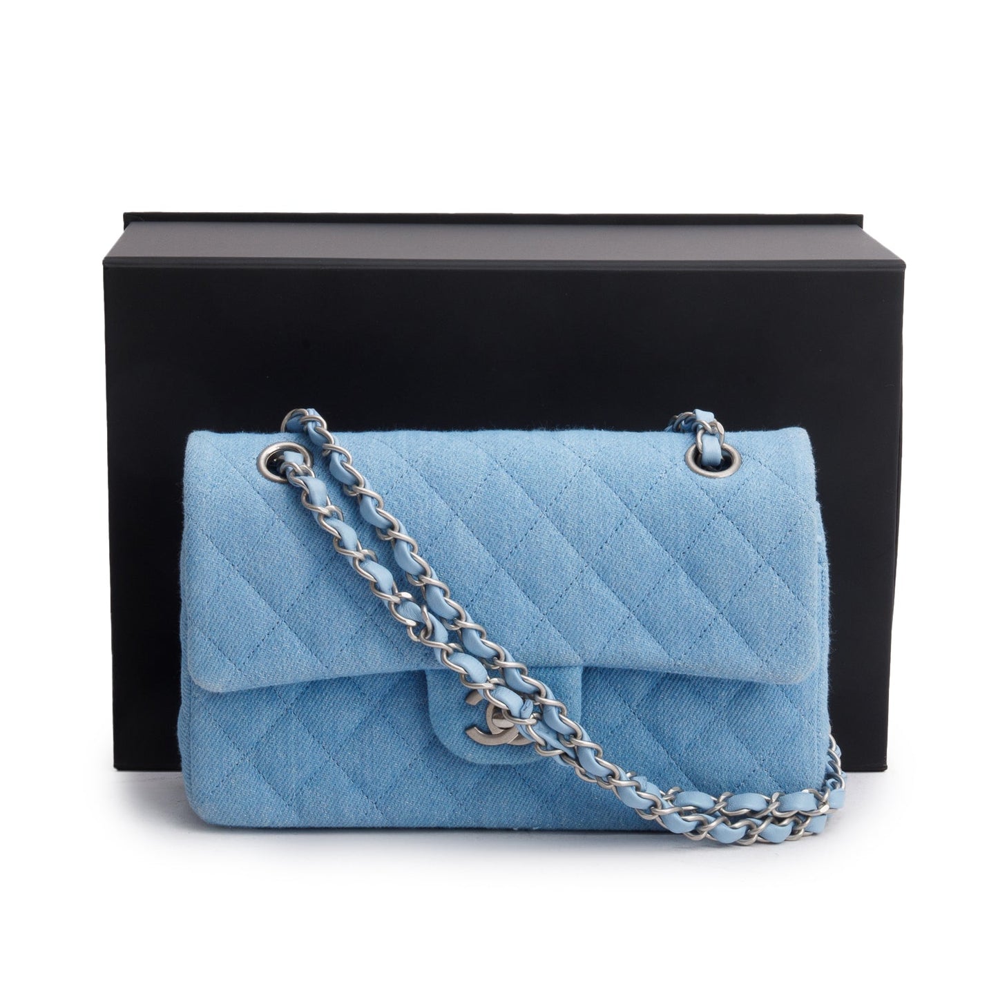 Chanel Denim Quilted Double Flap Blue Travel Bag