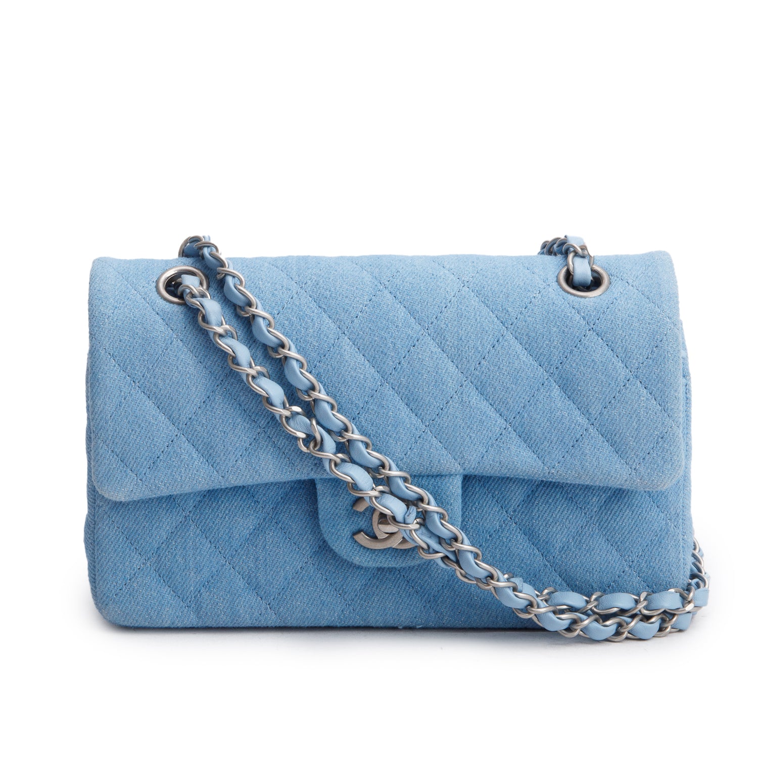 Chanel Denim Quilted Double Flap Blue Travel Bag