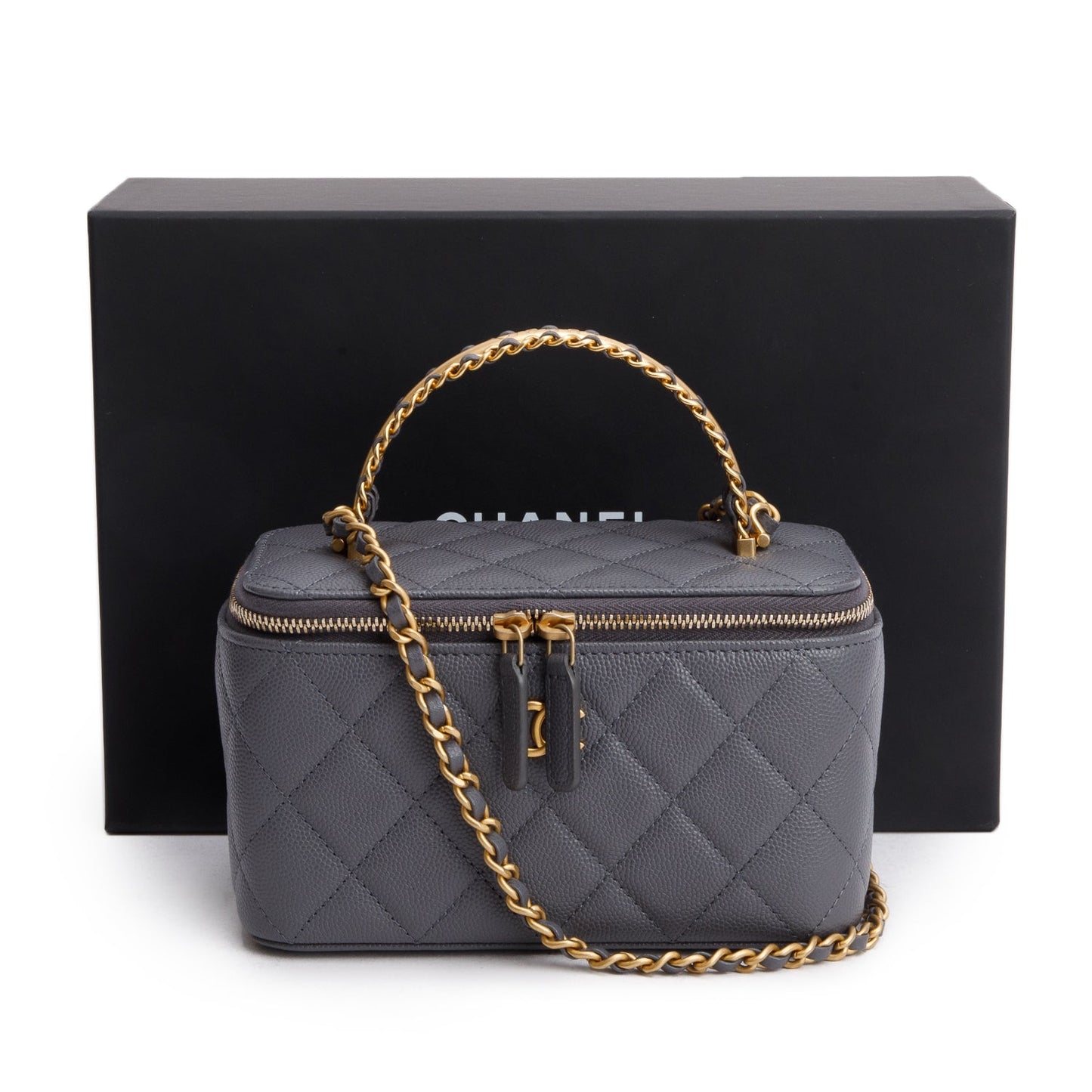 Chanel Caviar Top Handle Long Vanity Grey Travel Bag