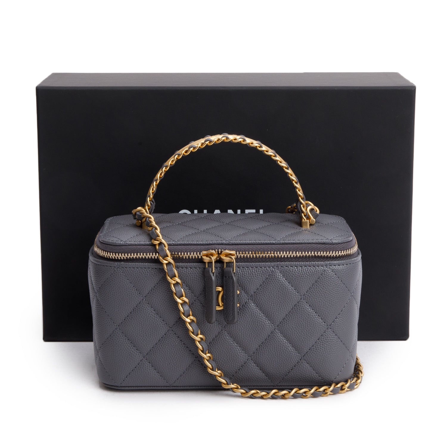 Chanel Caviar Top Handle Long Vanity Grey Travel Bag