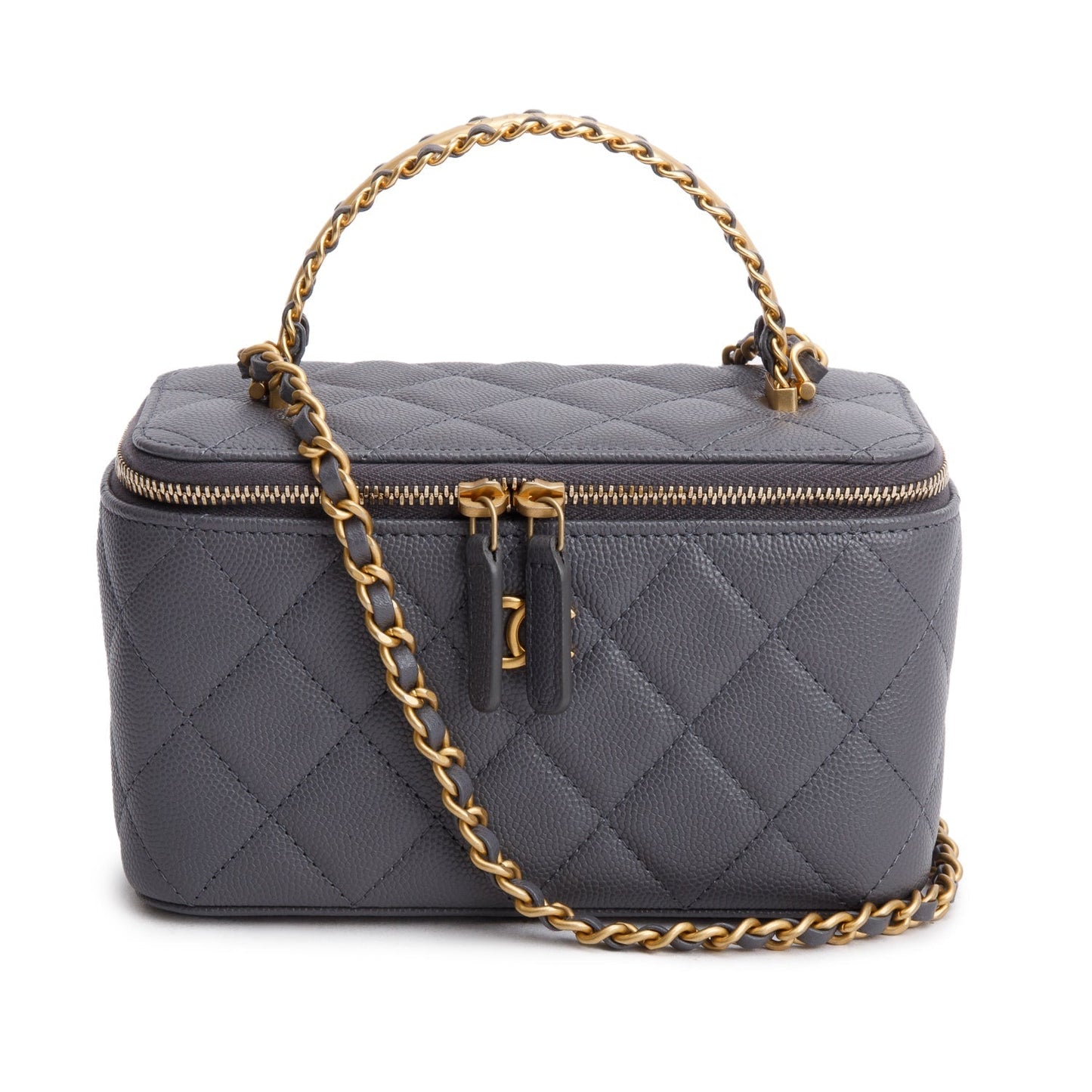 Chanel Caviar Top Handle Long Vanity Grey Travel Bag