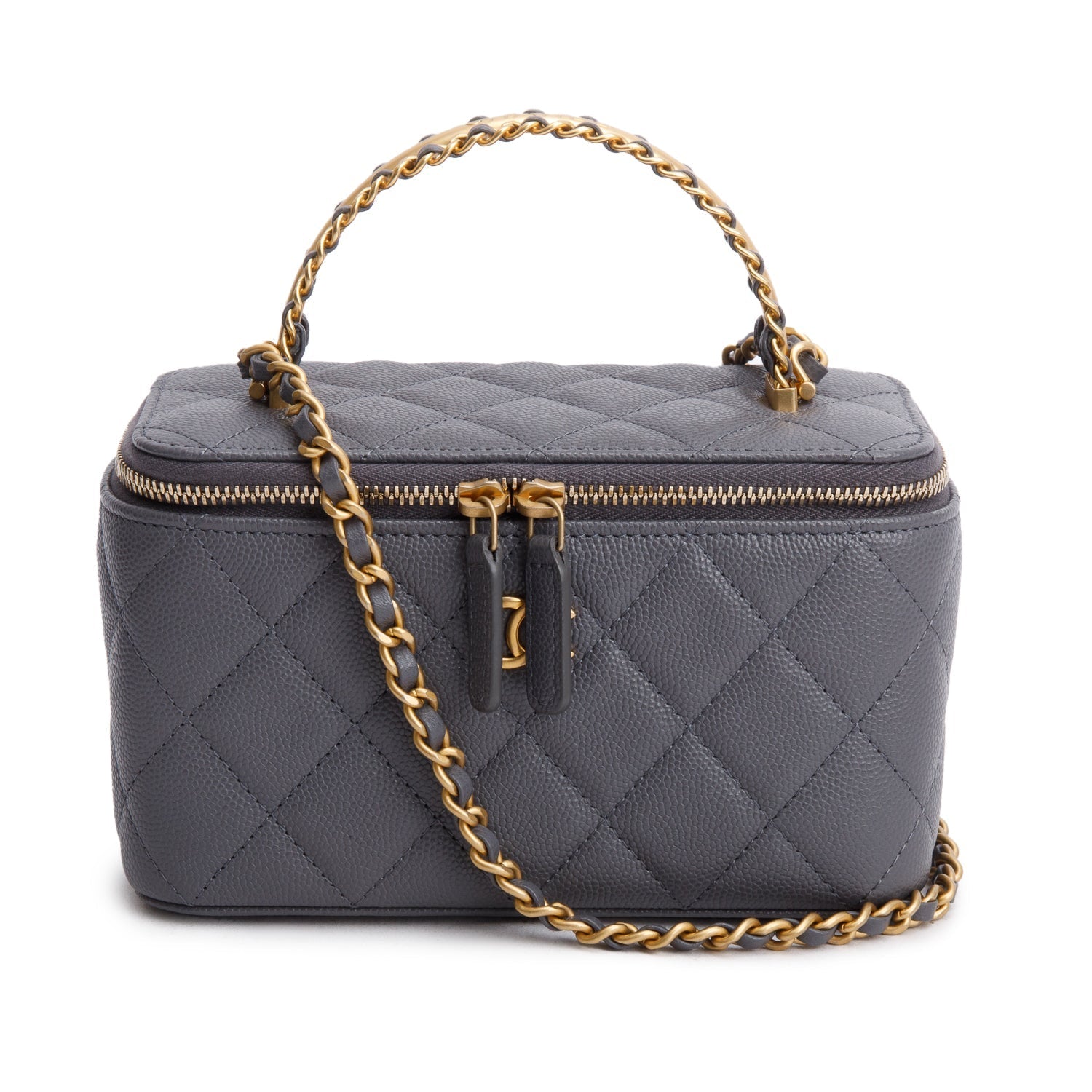 Chanel Caviar Top Handle Long Vanity Grey Travel Bag