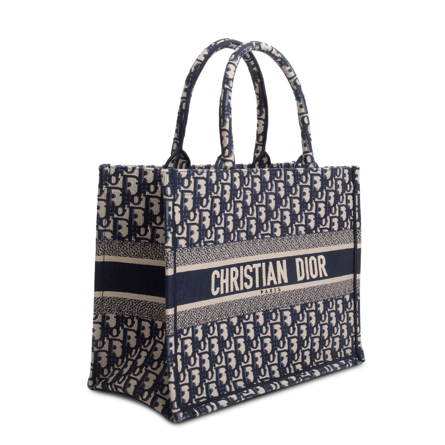 Dior Christian Ecru And Oblique Embroidery Book Tote Blue Medium Tote Bag