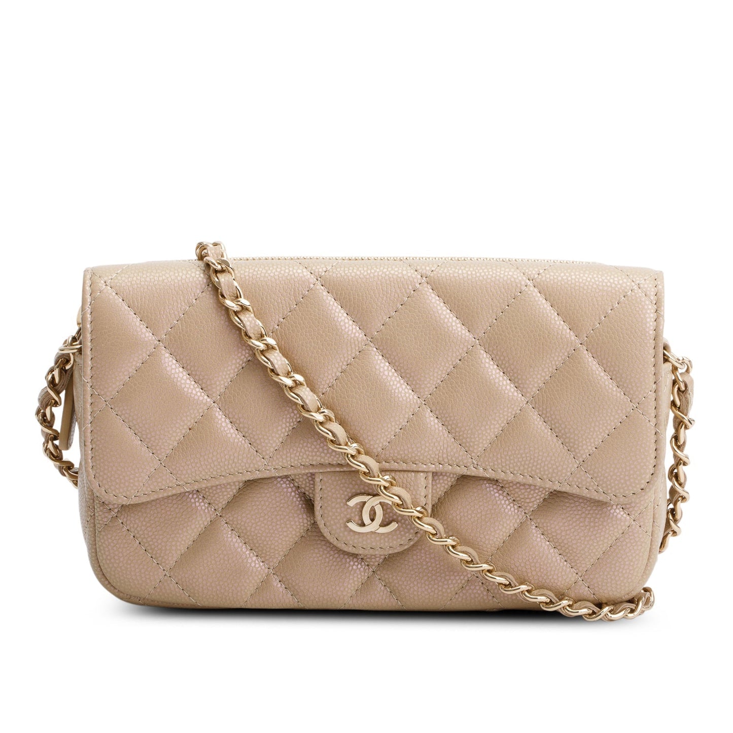 Chanel Iridescent Caviar Quilted Phone Holder Beige Wallet Case