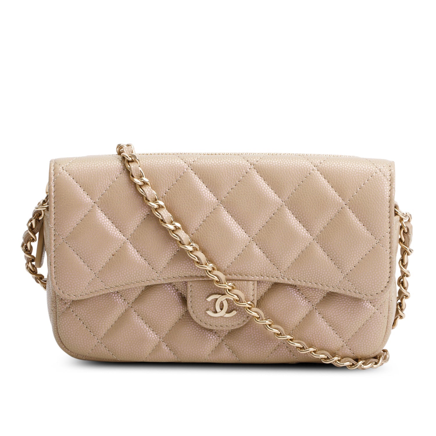 Chanel Iridescent Caviar Quilted Phone Holder Beige Wallet Case