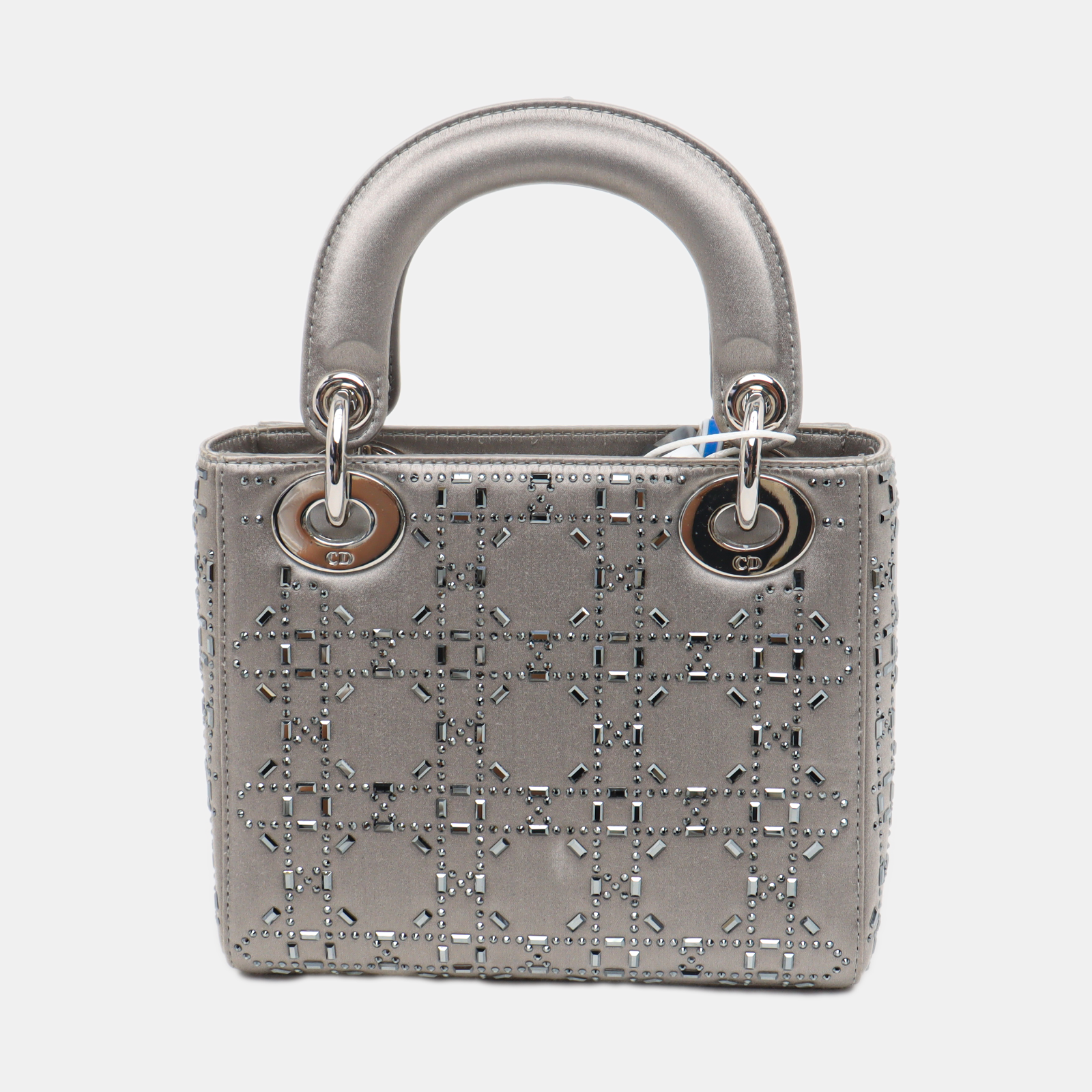 Dior Lady Grey Silk With Crystals Hardware Handbag Silver Mini Travel Bag