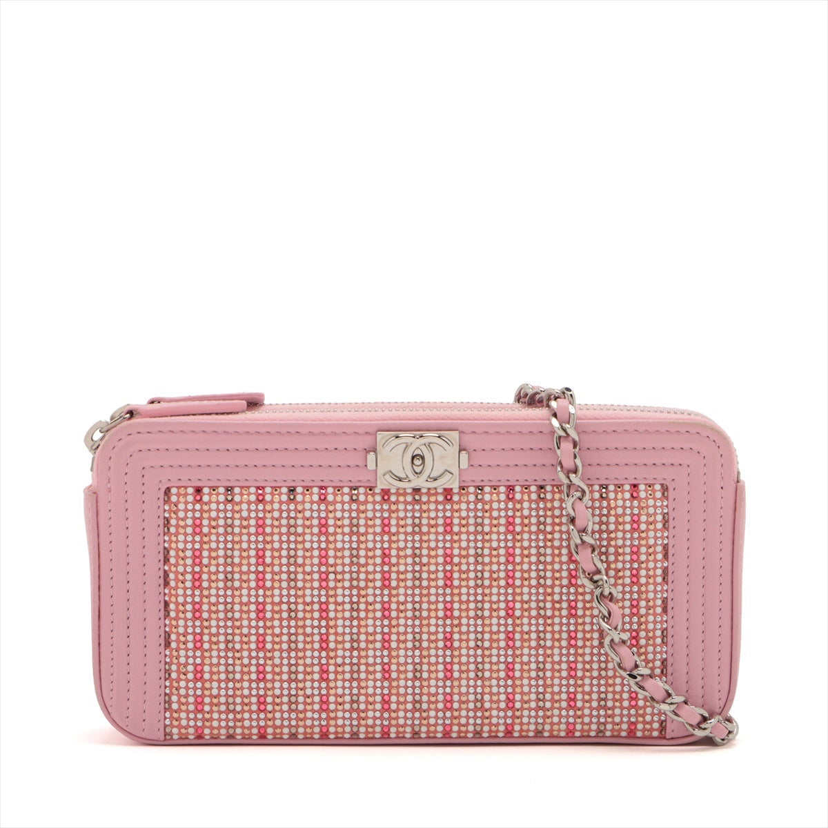 Chanel Boy Chanel Leather X Line Stone Chain Wallet Pink Silver G  23rd