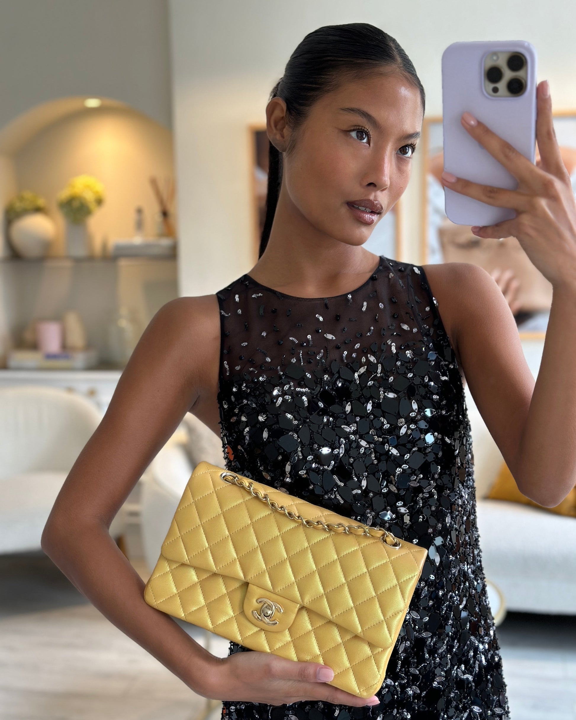 Chanel *hot* Iridescent Mustard Yellow Medium Double Flap Bag in Lambskin Leather with Champagne Gold Hardware