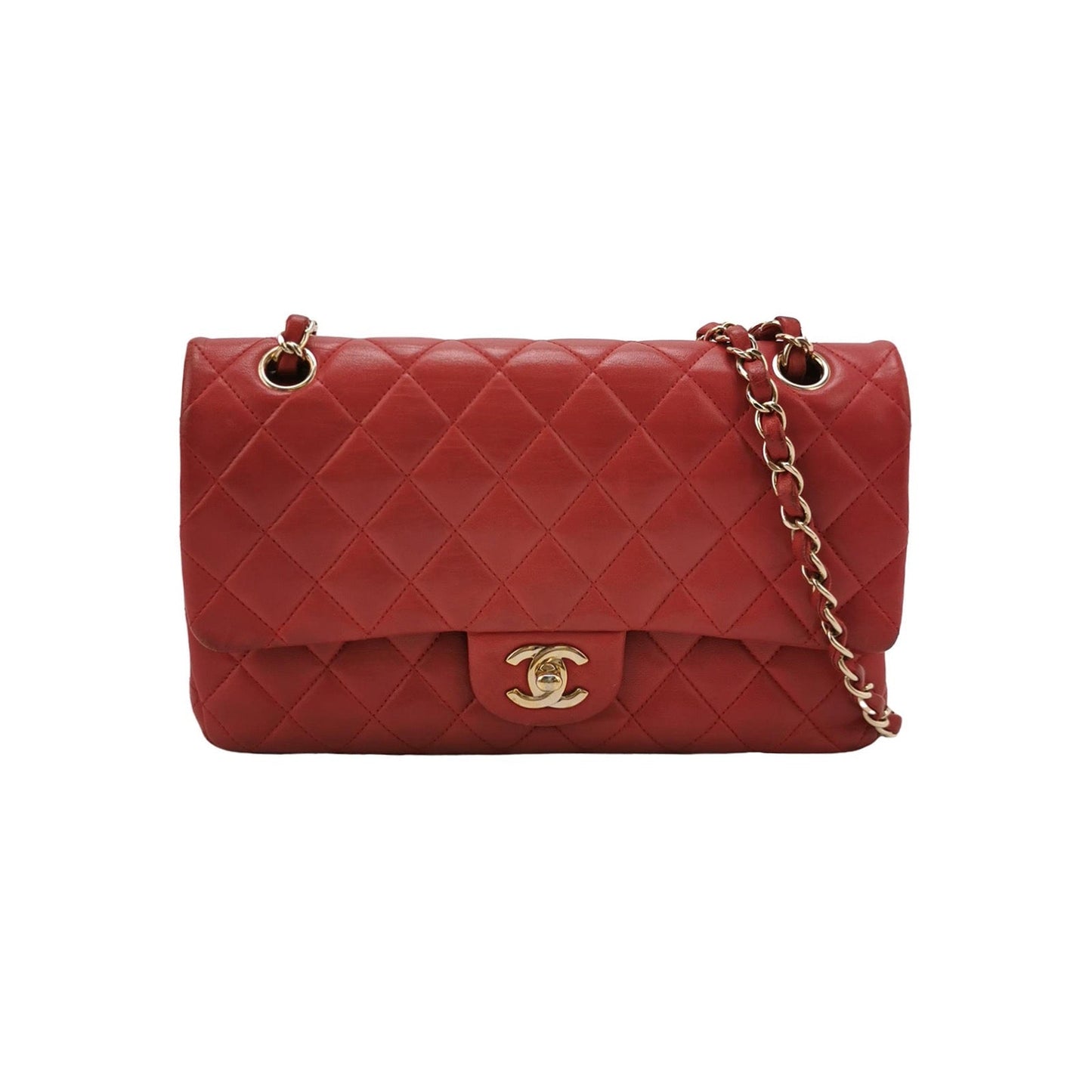 Chanel Classic Flap Lambskin Double Flap Hardware Red Gold Leather Handbag