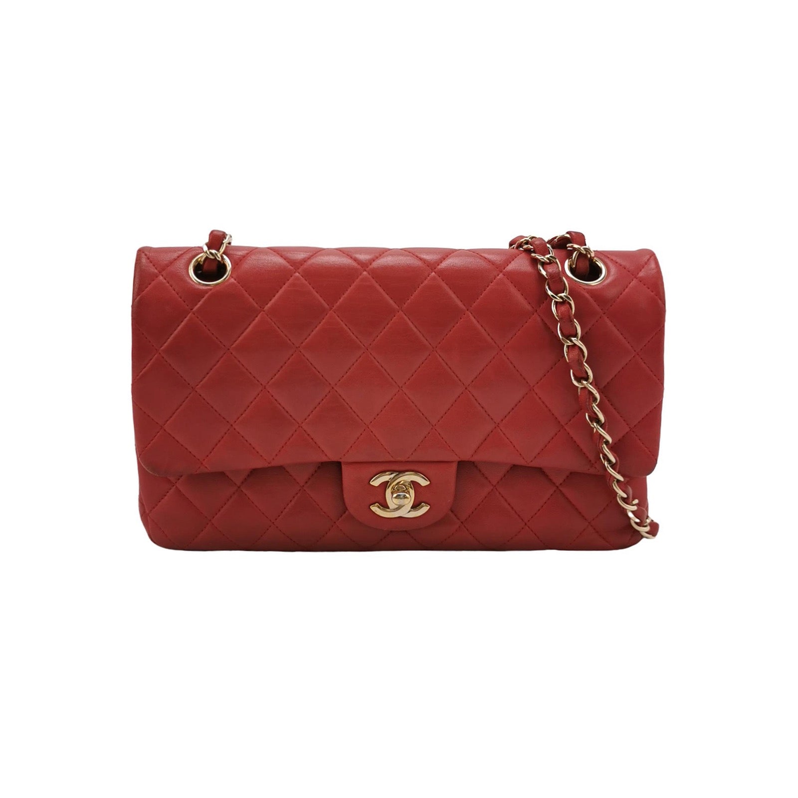 Chanel Classic Flap Lambskin Double Flap Hardware Red Gold Leather Handbag
