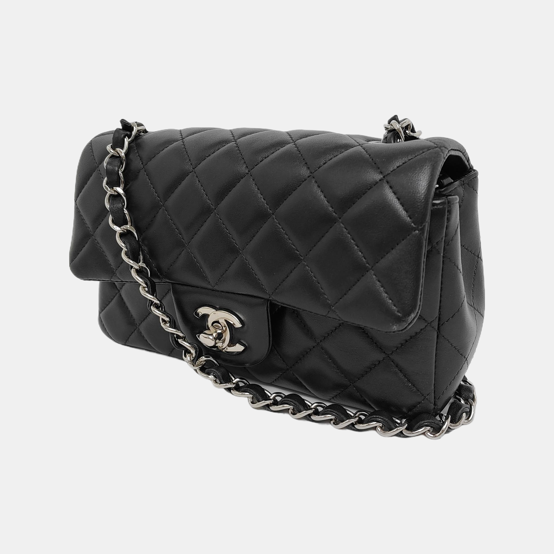 Chanel Classic Flap Rectangular Lambskin Hardware Black Silver Leather Mini Bag