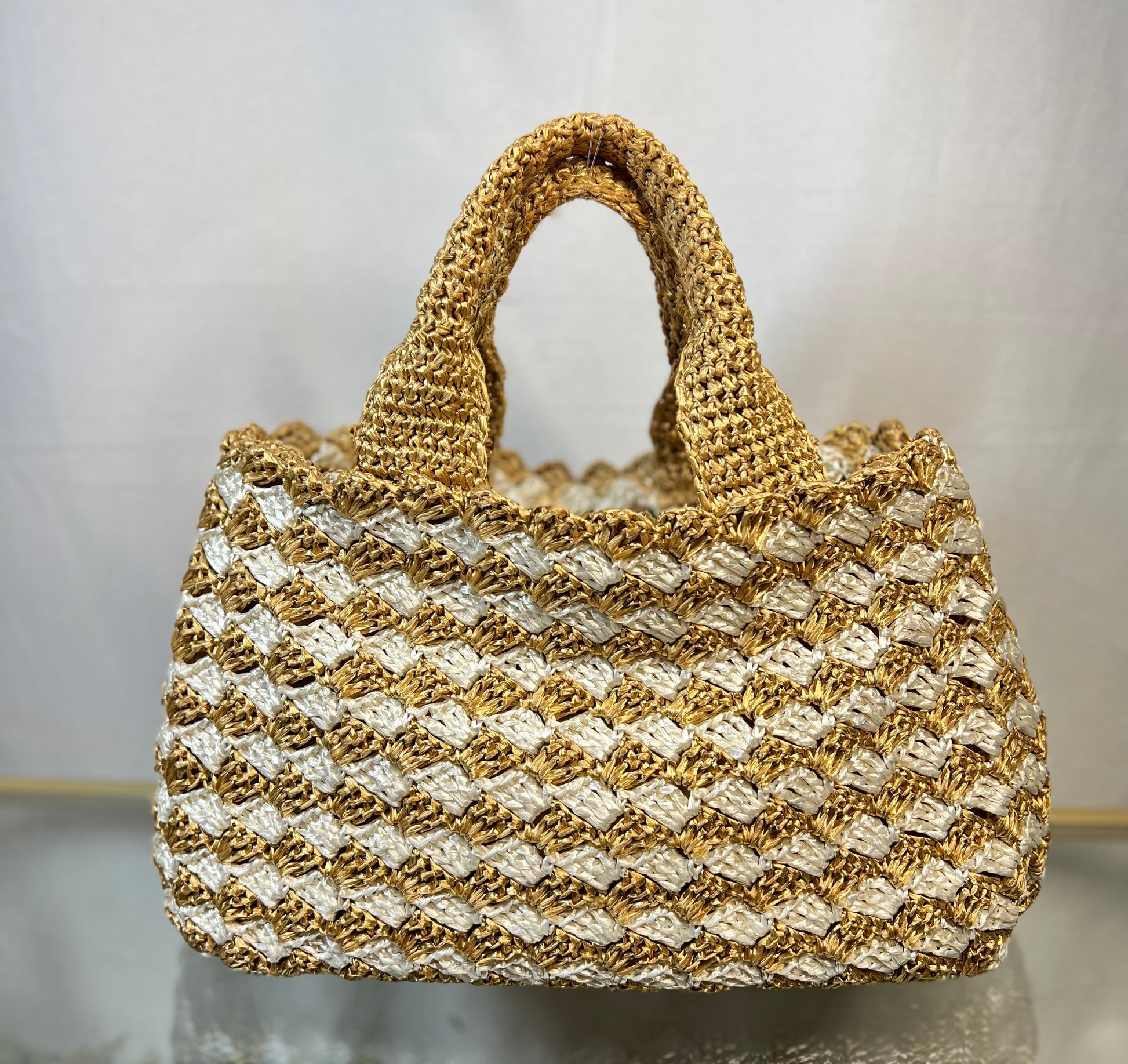 Prada Canapa Crochet Tote Bags Raffia Tan Woven