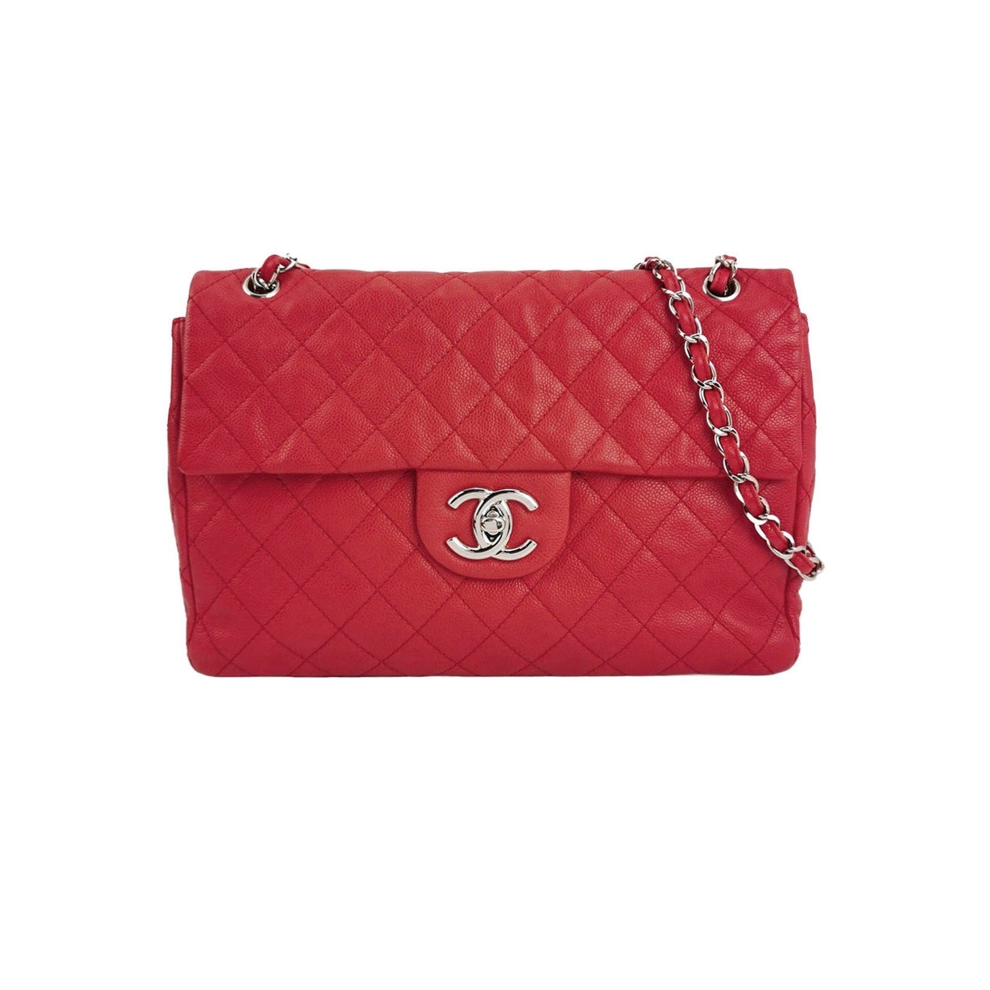 Chanel Classic Flap Maxi Caviar -tone Hardware Red Silver Leather Handbag