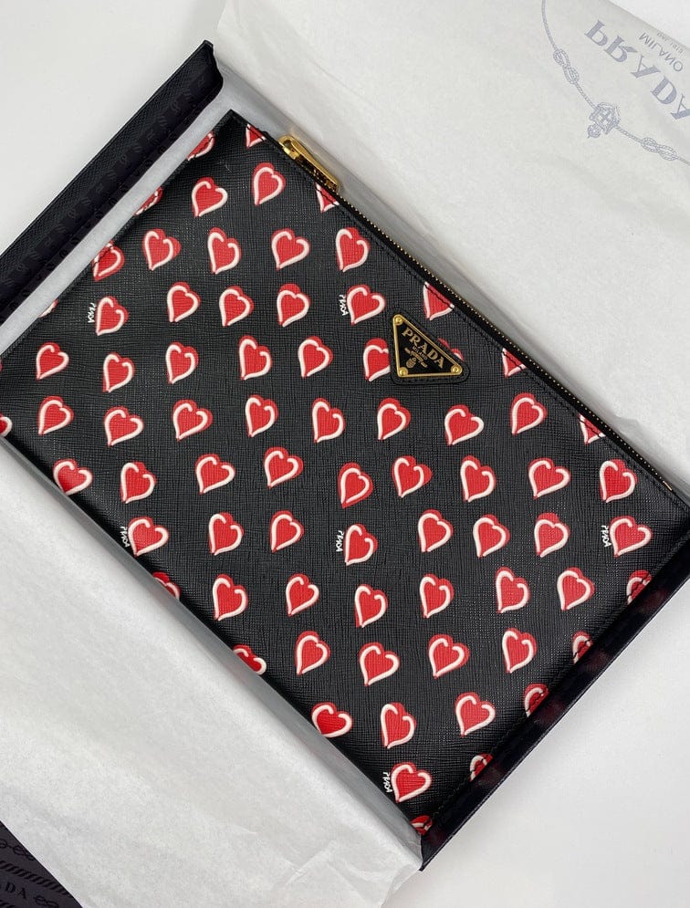 Prada Heart Print Clutch Bag Leather Saffiano