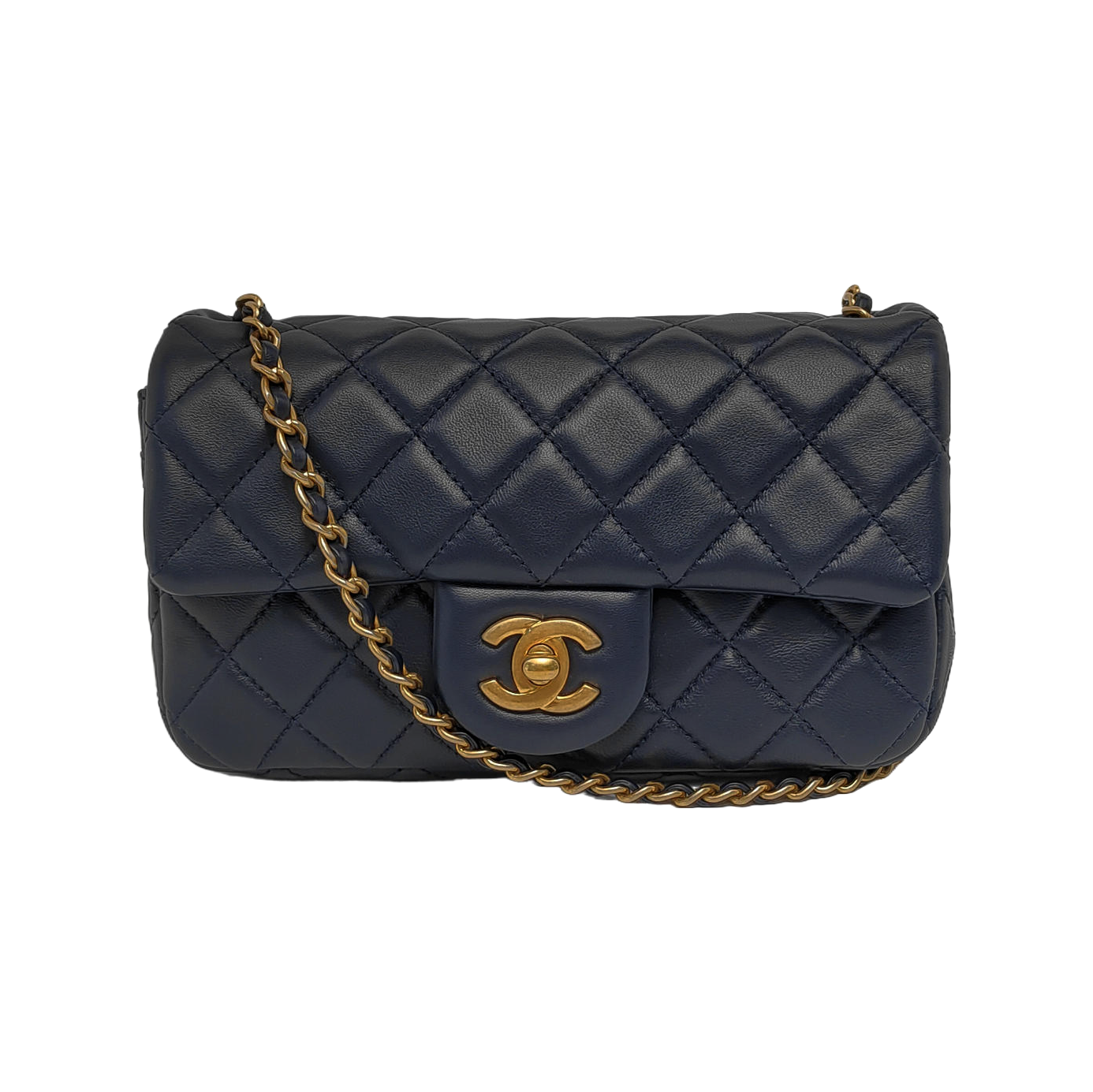 Chanel Classic Flap Rectangular Navy Lambskin Pearl Gold Mini Bag