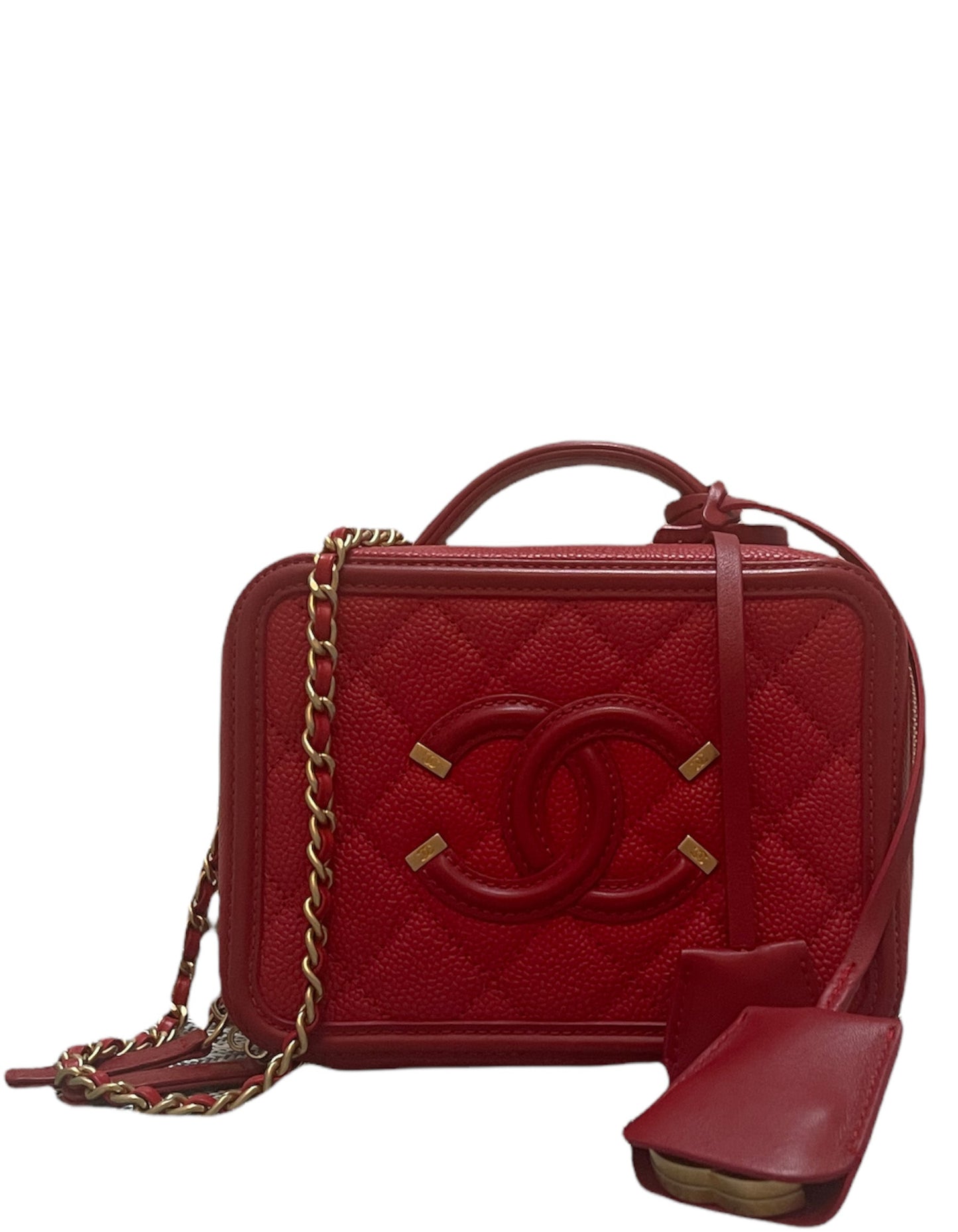Chanel Red Caviar Small CC Filigree Vanity Case Women Shoes