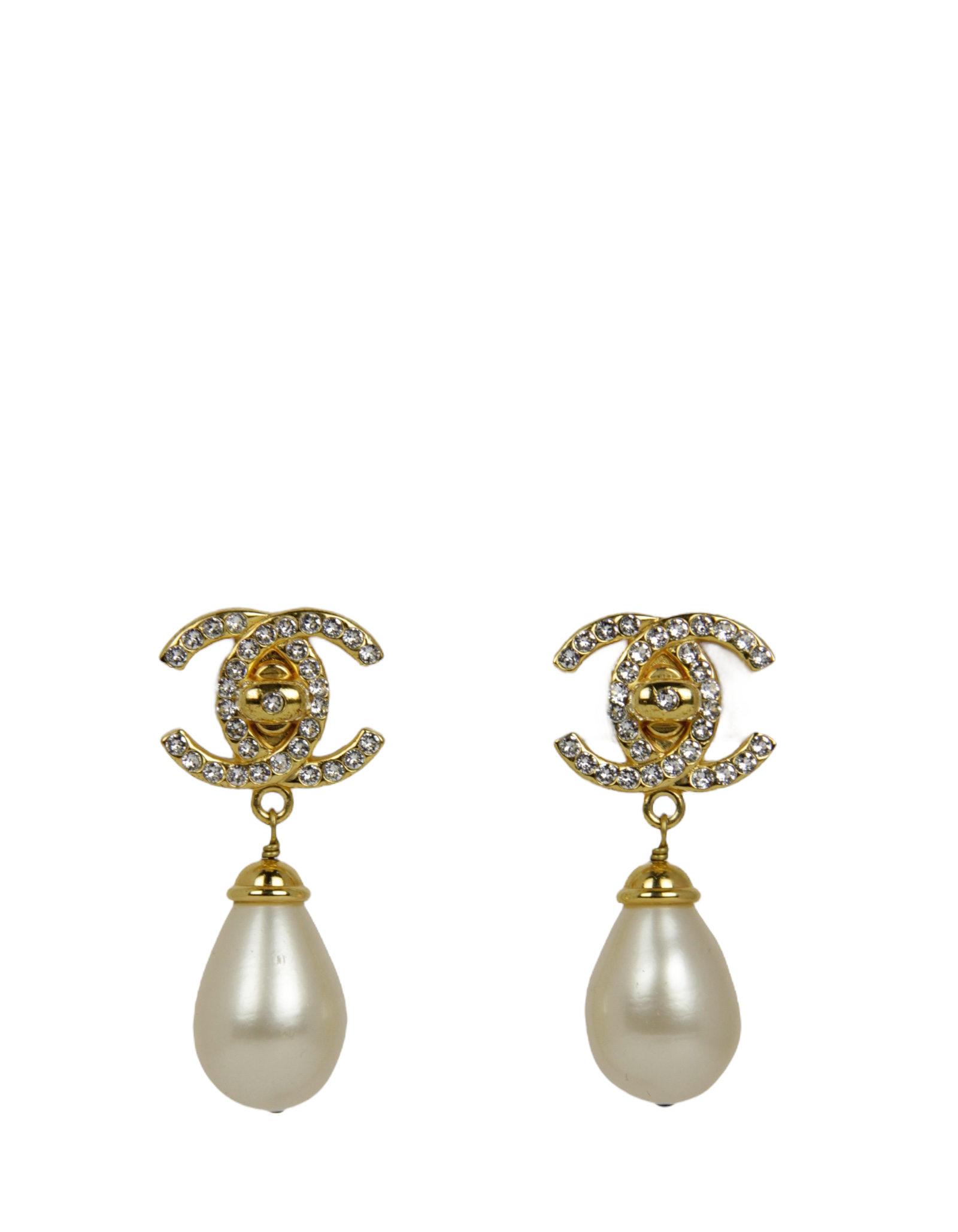 Chanel Crystal Cc & Pearl Hanging Clip Earrings