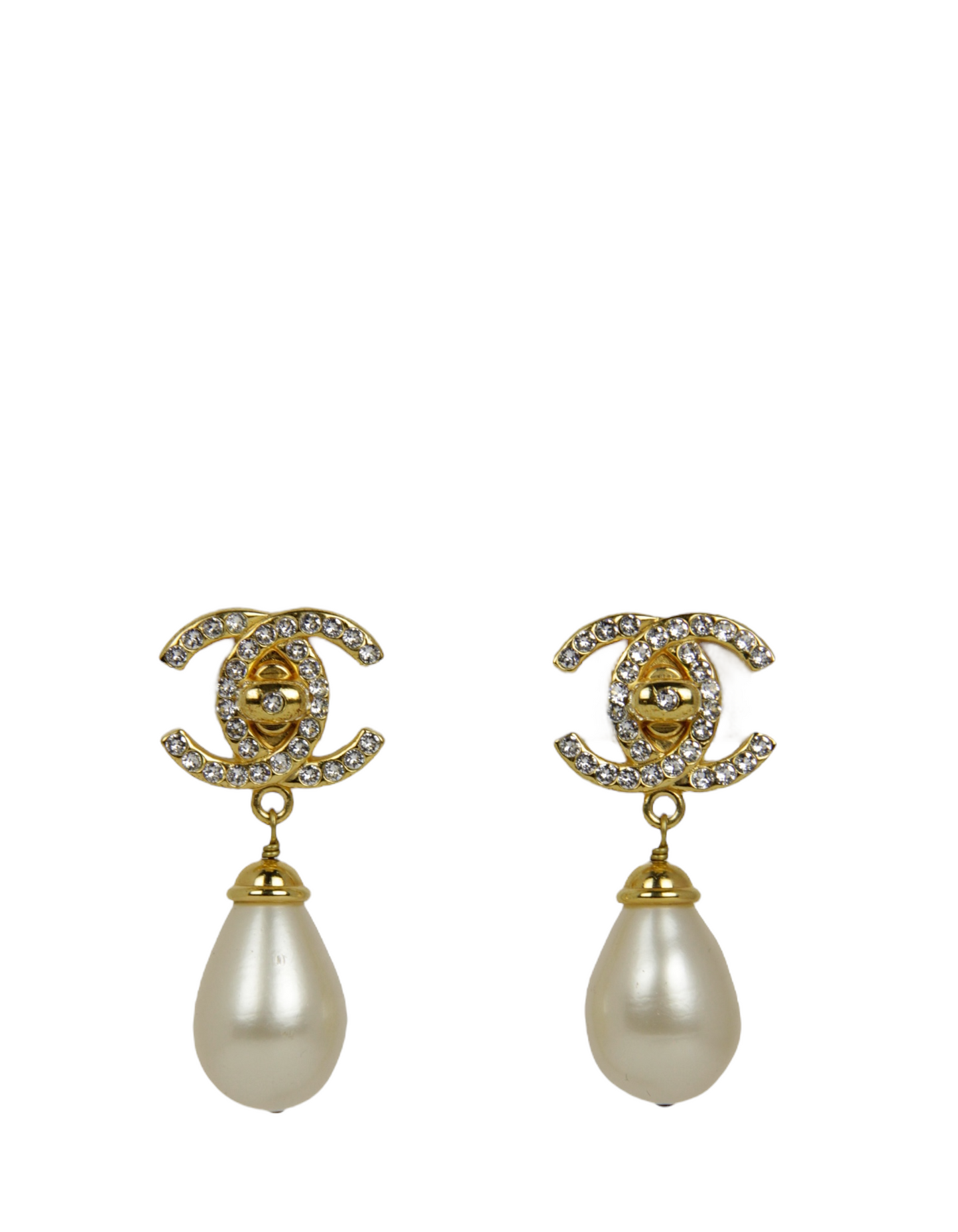 Chanel   Crystal CC & Pearl Hanging Clip Earrings