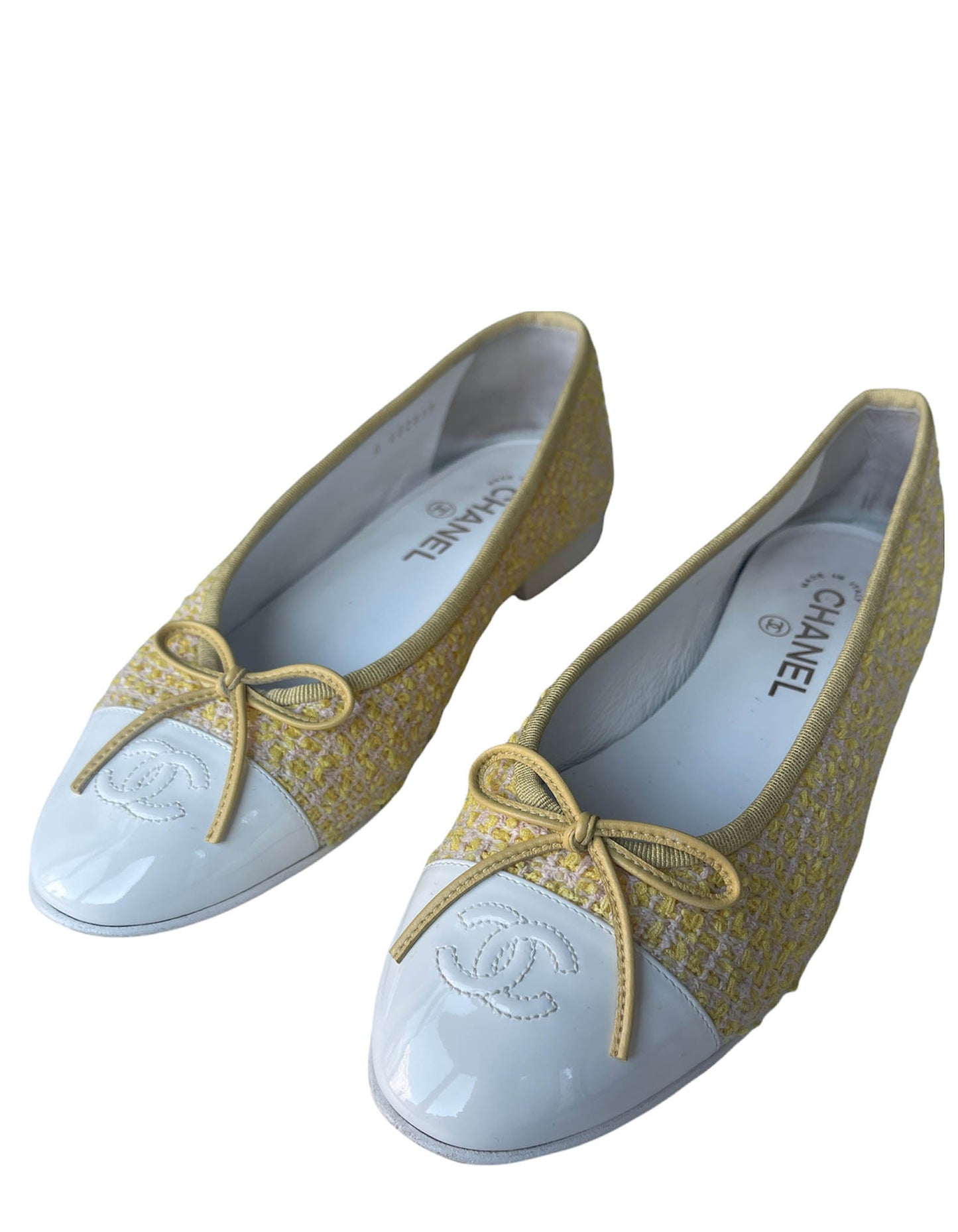 Chanel 2021 Yellow Tweed/ White Patent CC Ballerina Flats Sz 39 for Women