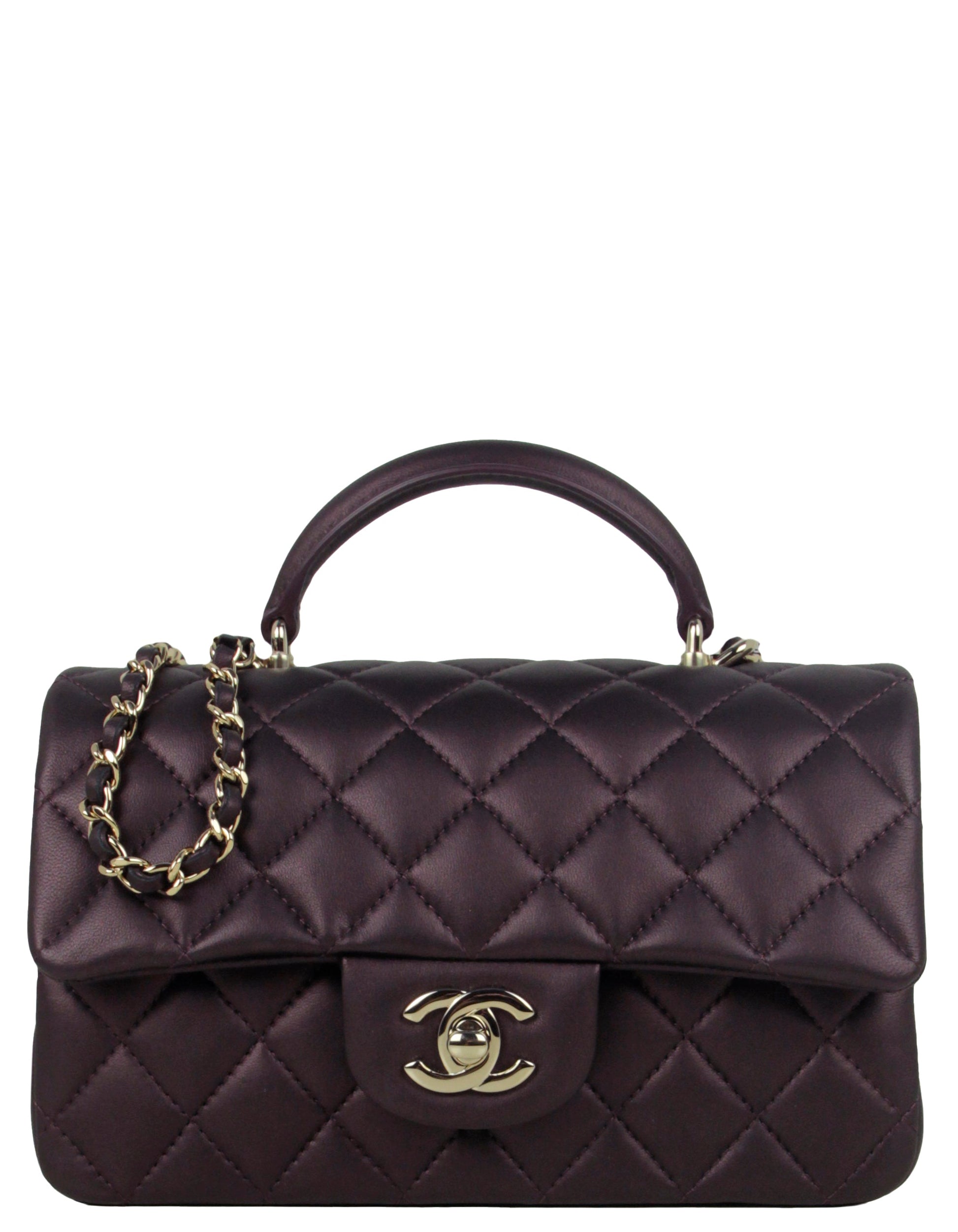 Chanel Iridescent Burgundy Lambskin Quilted Mini Top Handle Rectangular Flap Bag