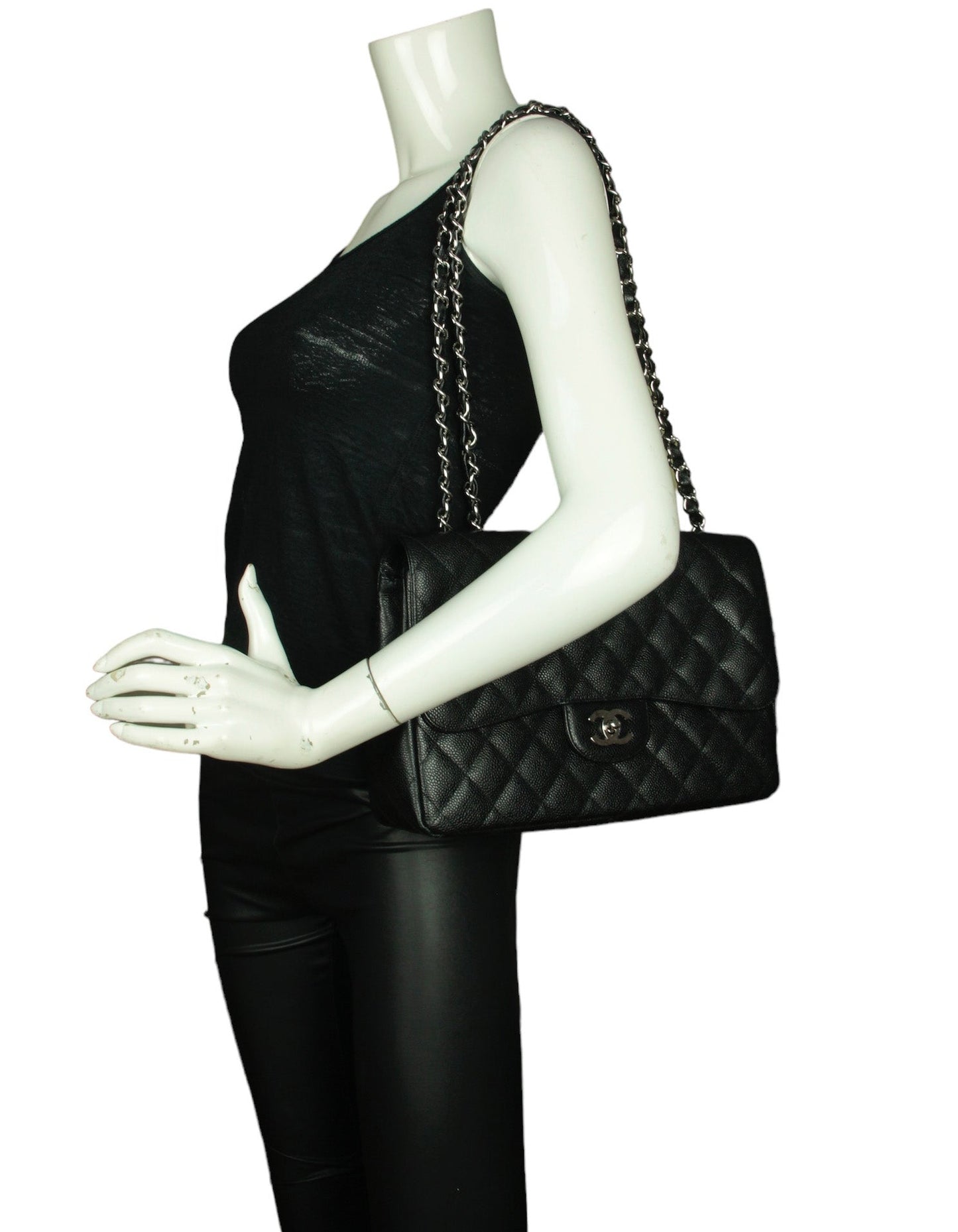 Chanel Black Caviar Leather Single Flap Jumbo Bag