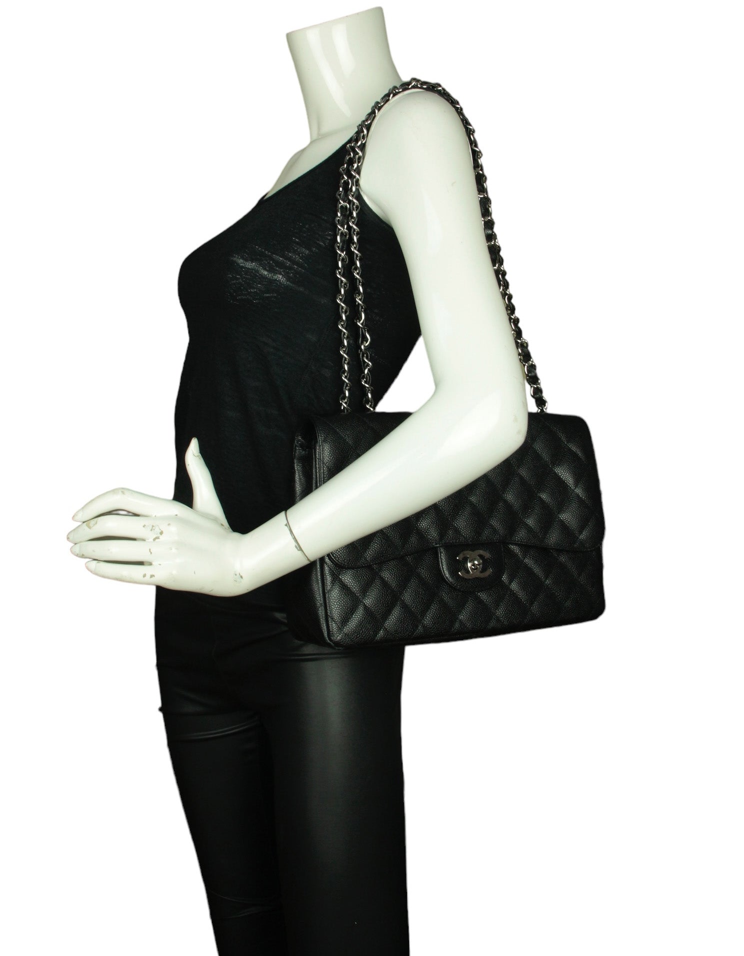 Chanel Black Caviar Leather Single Flap Jumbo Women Shoes