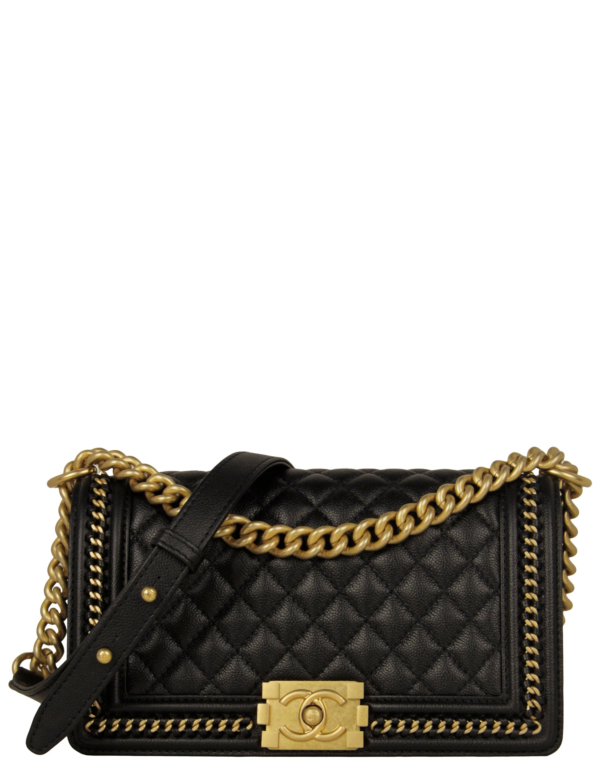 Chanel Black Caviar Quilted Medium Chain Through Boy Flap Handbag