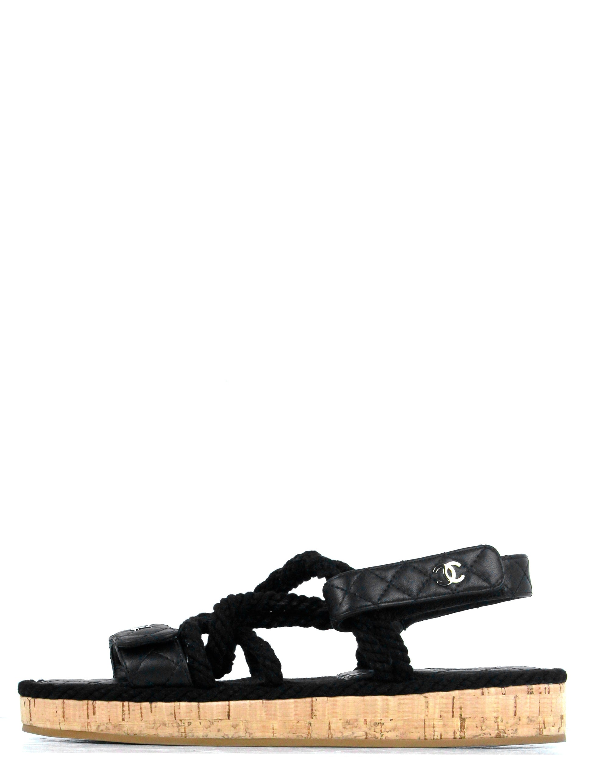 Chanel Black Cord Lambskin Quilted Logo Sandals Sz 39 for Women