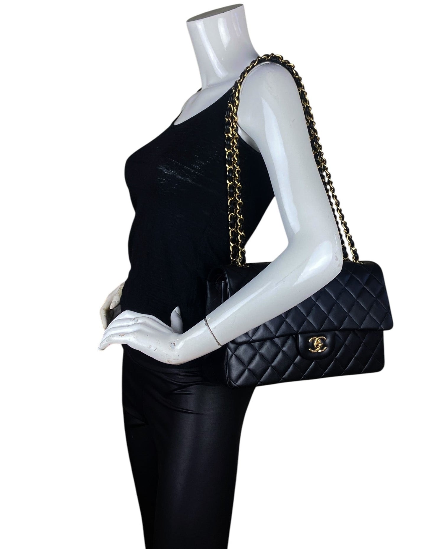 Chanel Black Lambskin Double Flap Jumbo Ghw Women Shoes