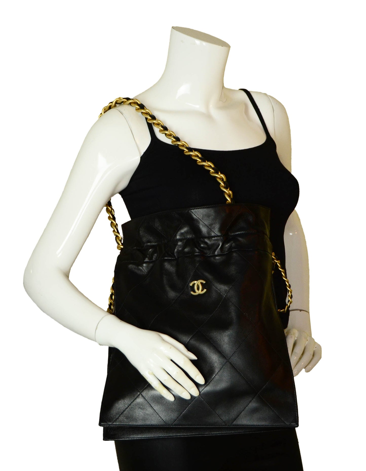 Chanel Black Shiny Lambskin Leather Chain Drawstring Tote Bag
