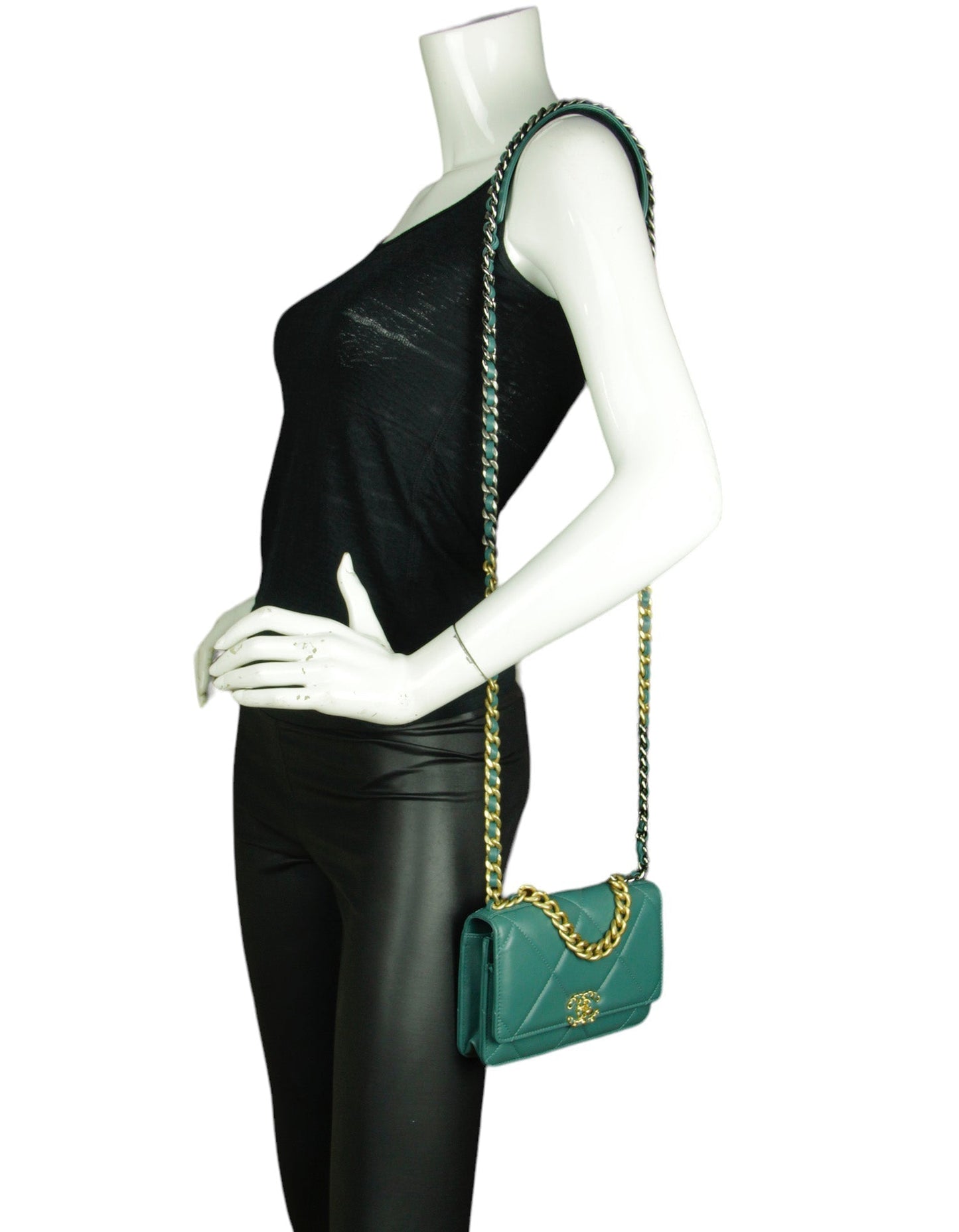 Chanel Blue Green Lambskin Quilted 19 Wallet on Chain WOC Women