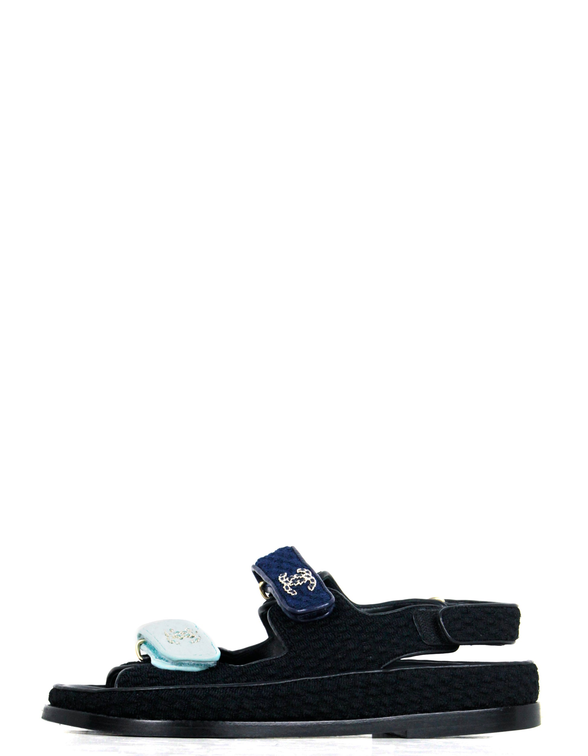 Chanel Light/Dark Blue Knit Fabric Velcro Dad Sandals Sz 38