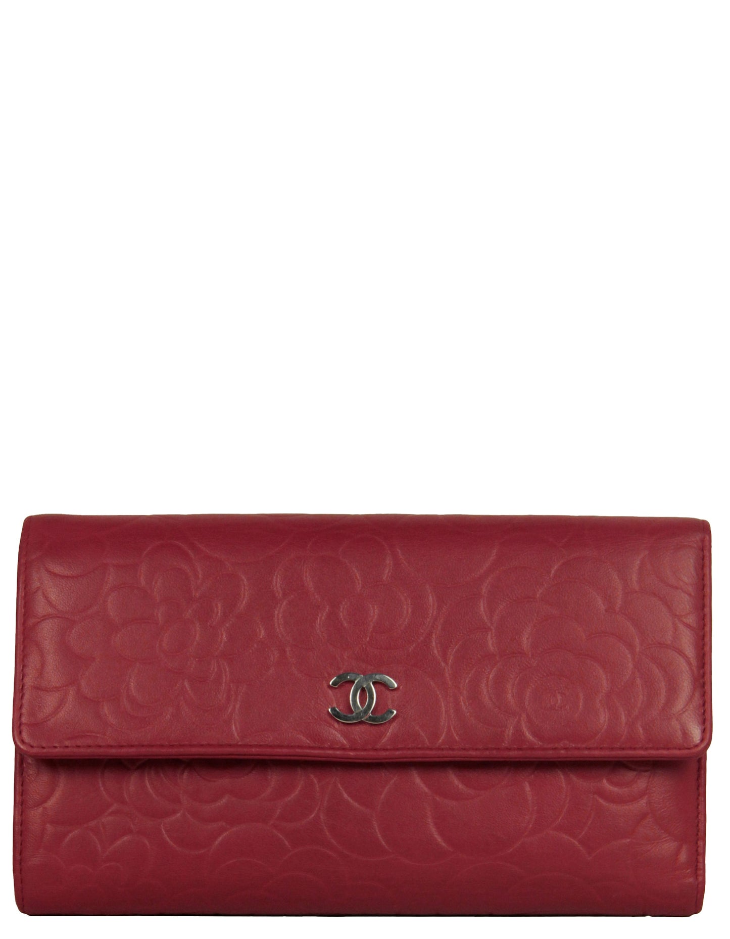 Chanel Red Leather Camelia Embossed Wallet
