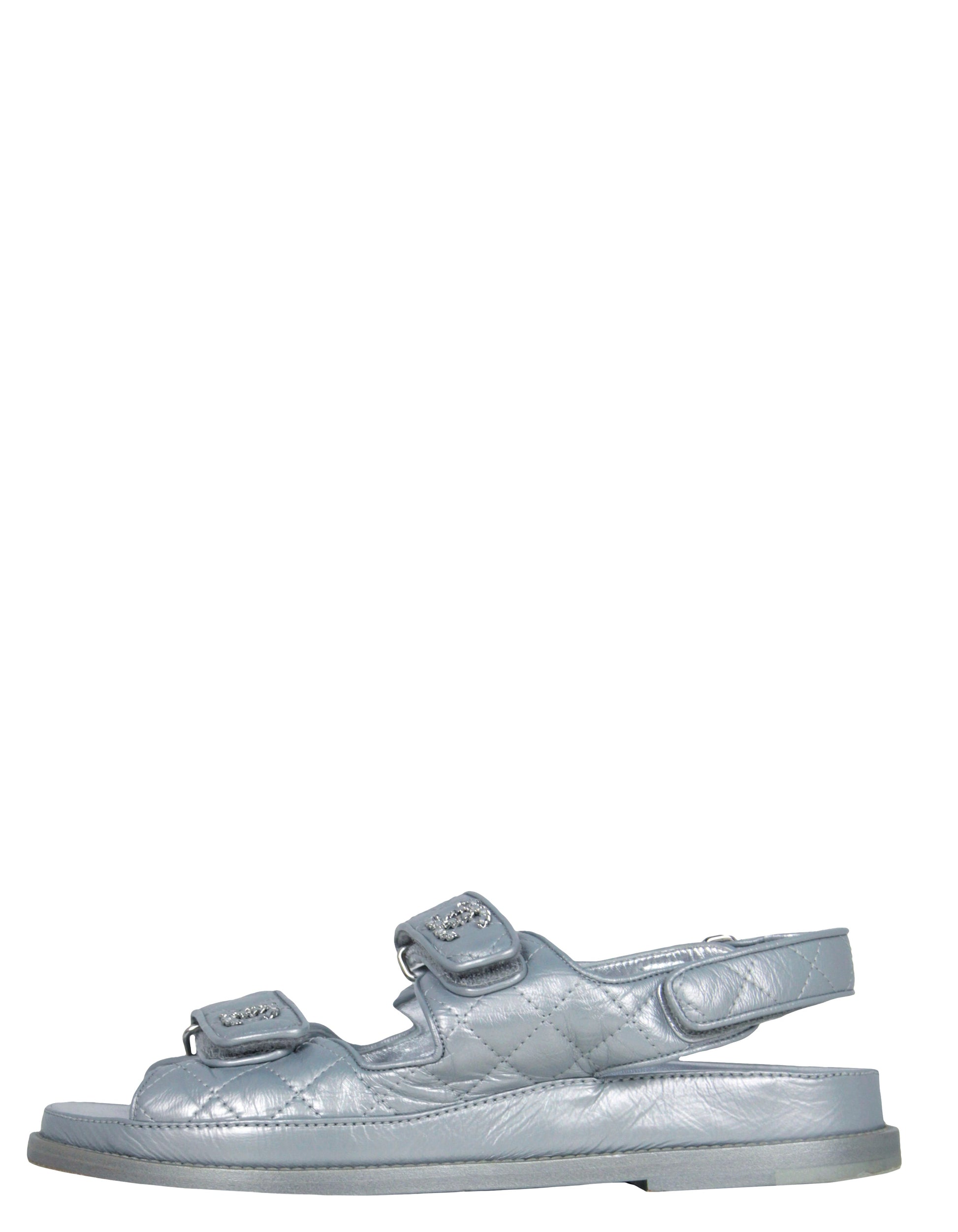 Chanel Silver Quilted Leather Velcro Dad Sandals Sz 38